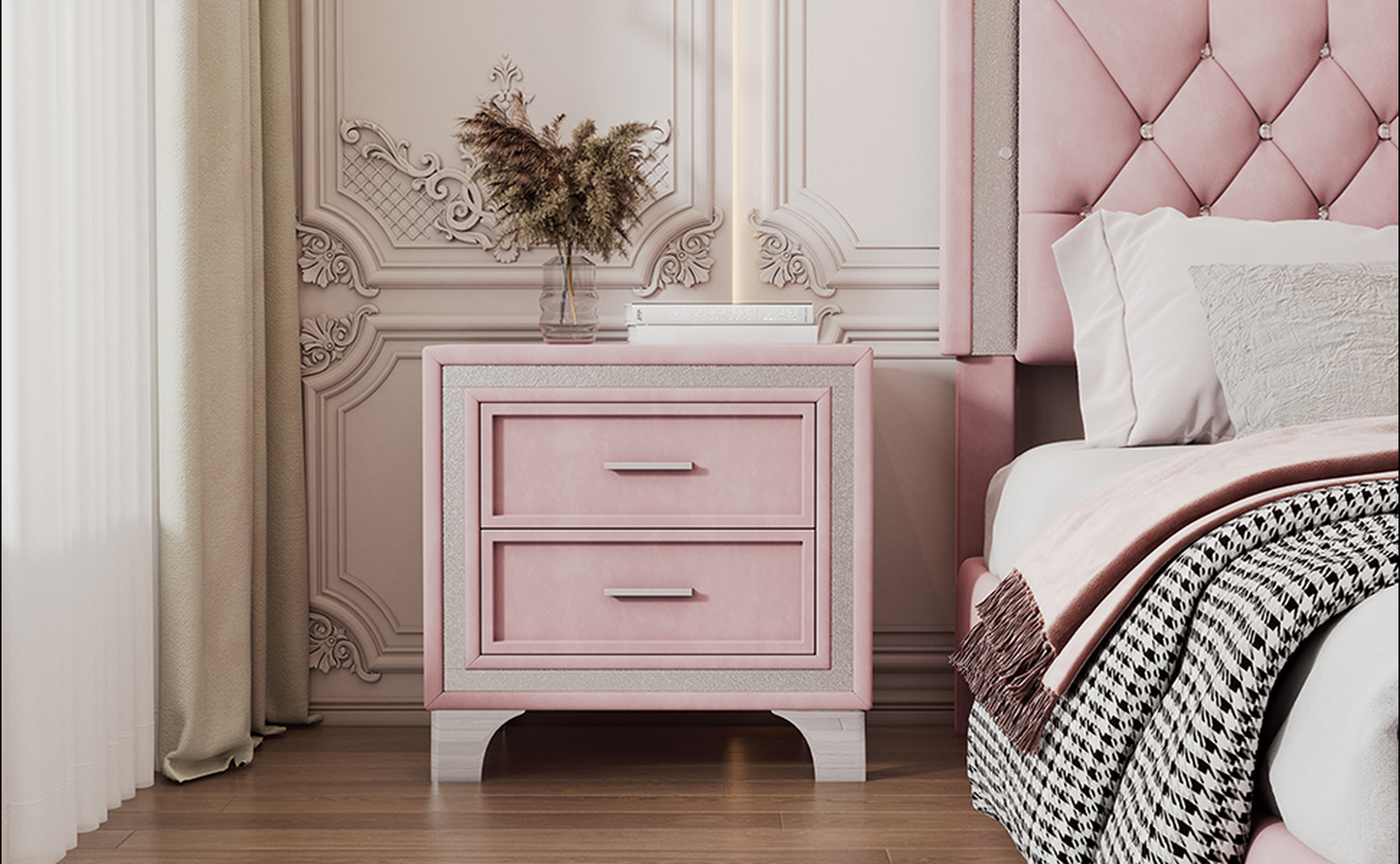 Pink velvet twodrawer nightstand with silver trim