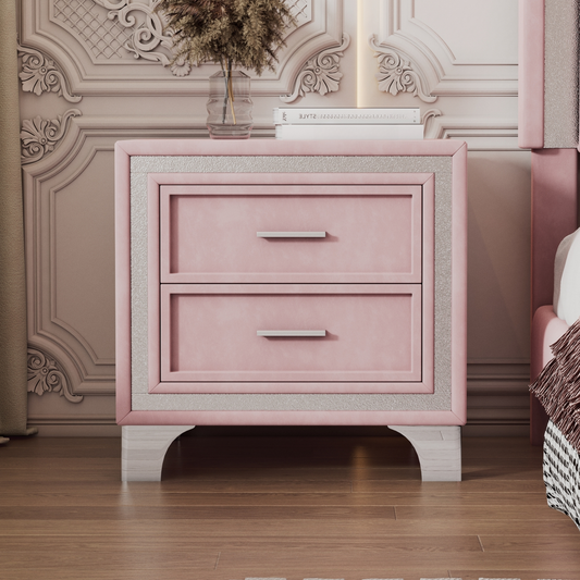Elegant pink velvet nightstand with silver trim and two drawers for bedroom storage