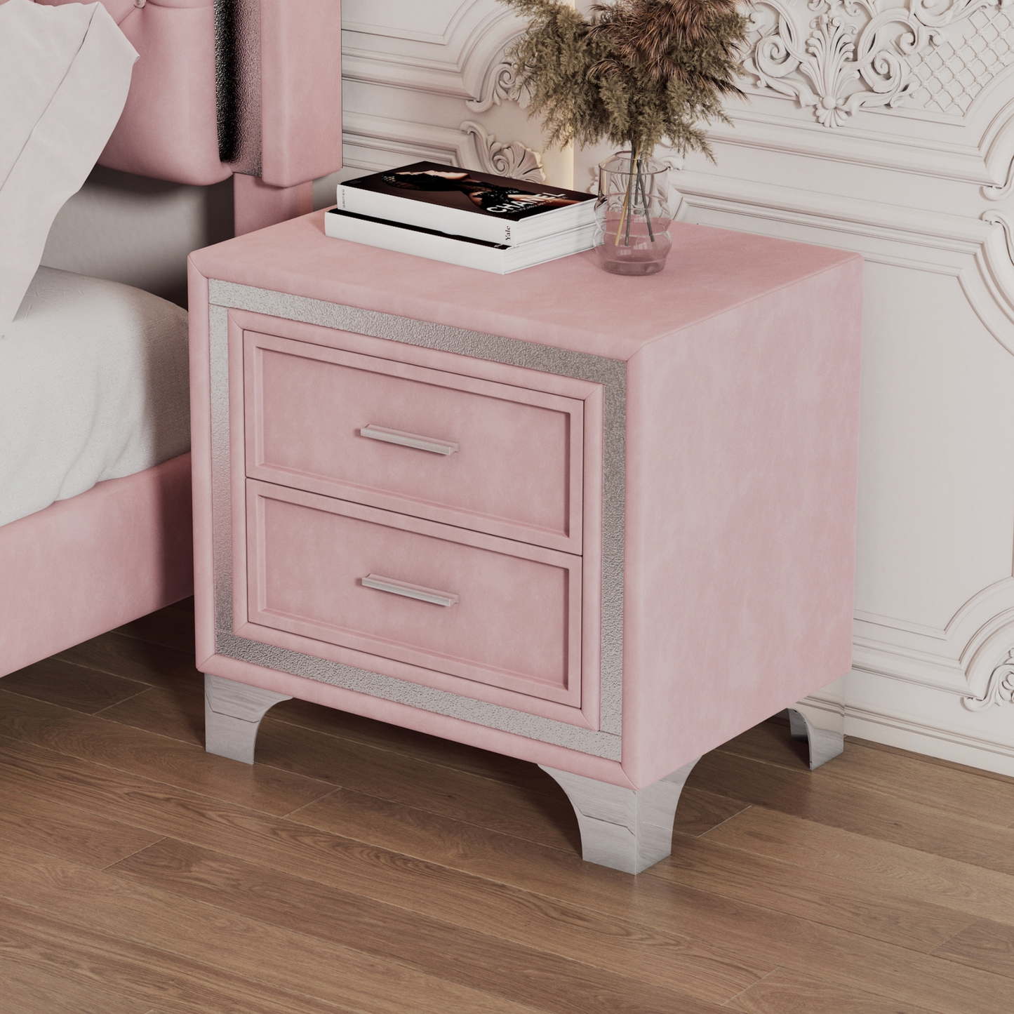 Pink velvet twodrawer nightstand with silver trim and metallic legs