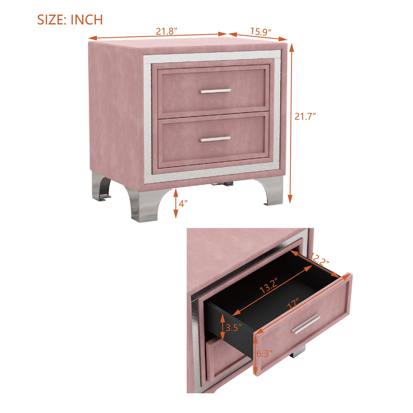 Pink velvet nightstand with silver trim and two drawers featuring chrome legs