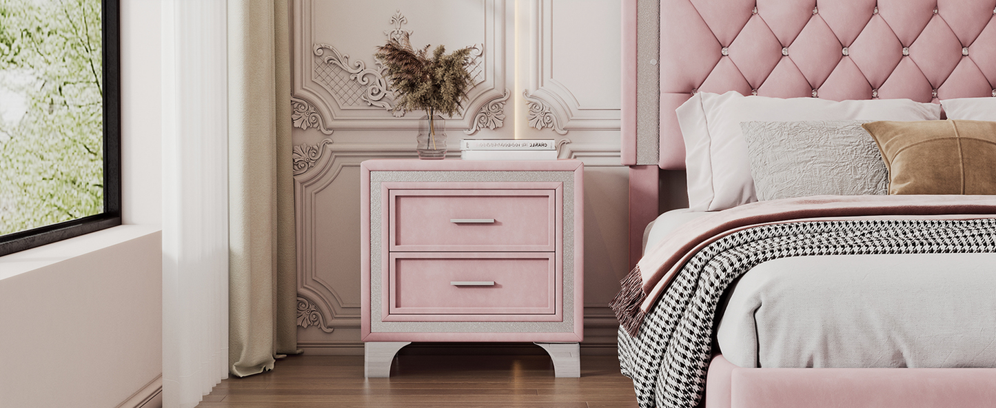 Pink velvet nightstand with silver trim and two drawers