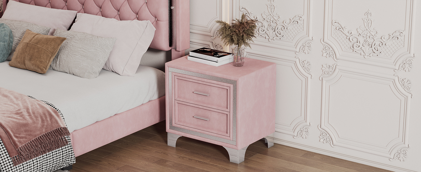 Pink velvet twodrawer nightstand with crystal accents and chrome legs