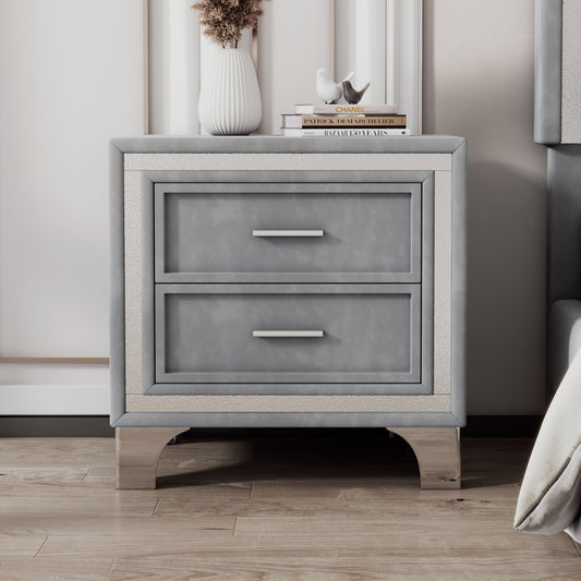 Gray velvet nightstand with textured trim and silver legs