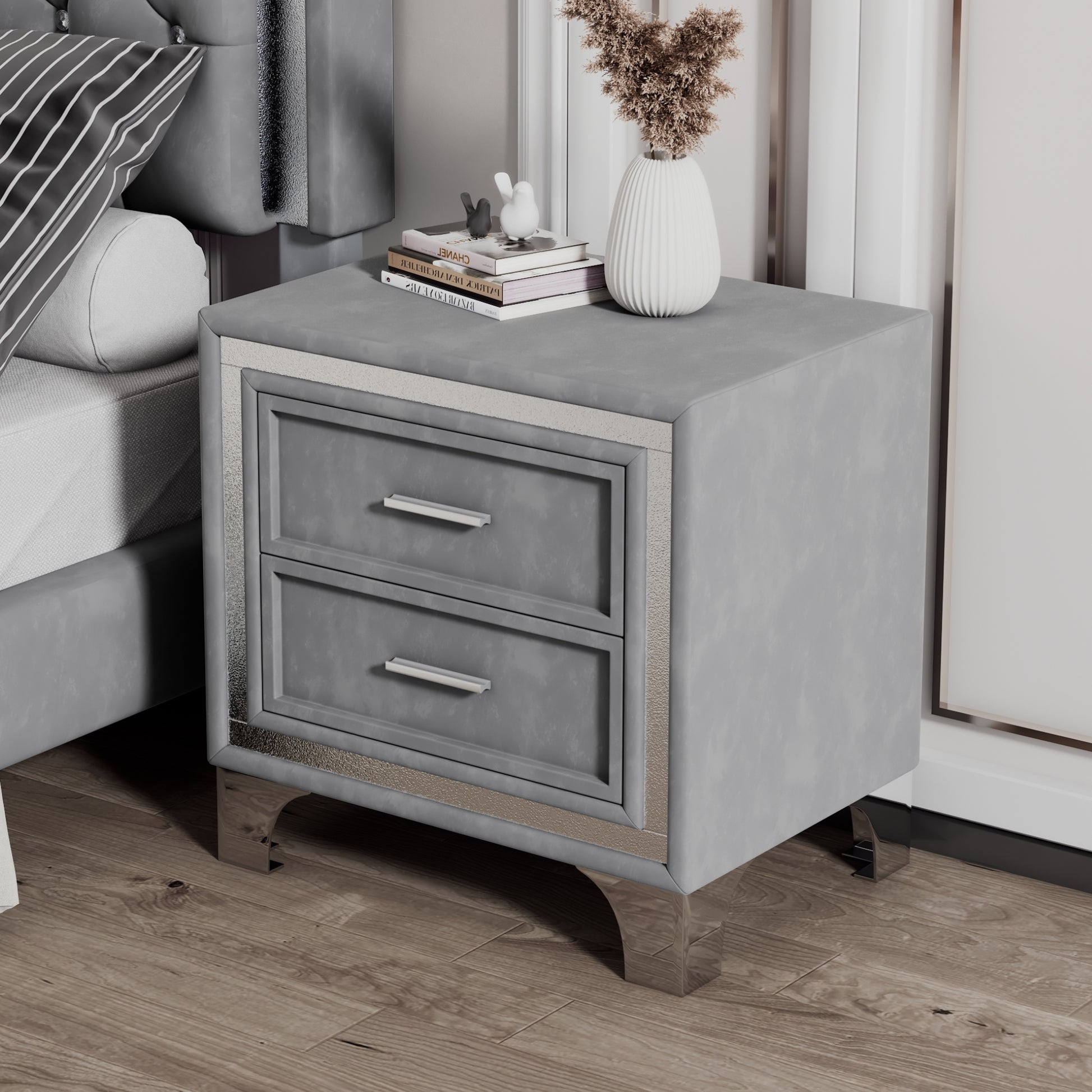 Gray velvet nightstand with two drawers and silver handles
