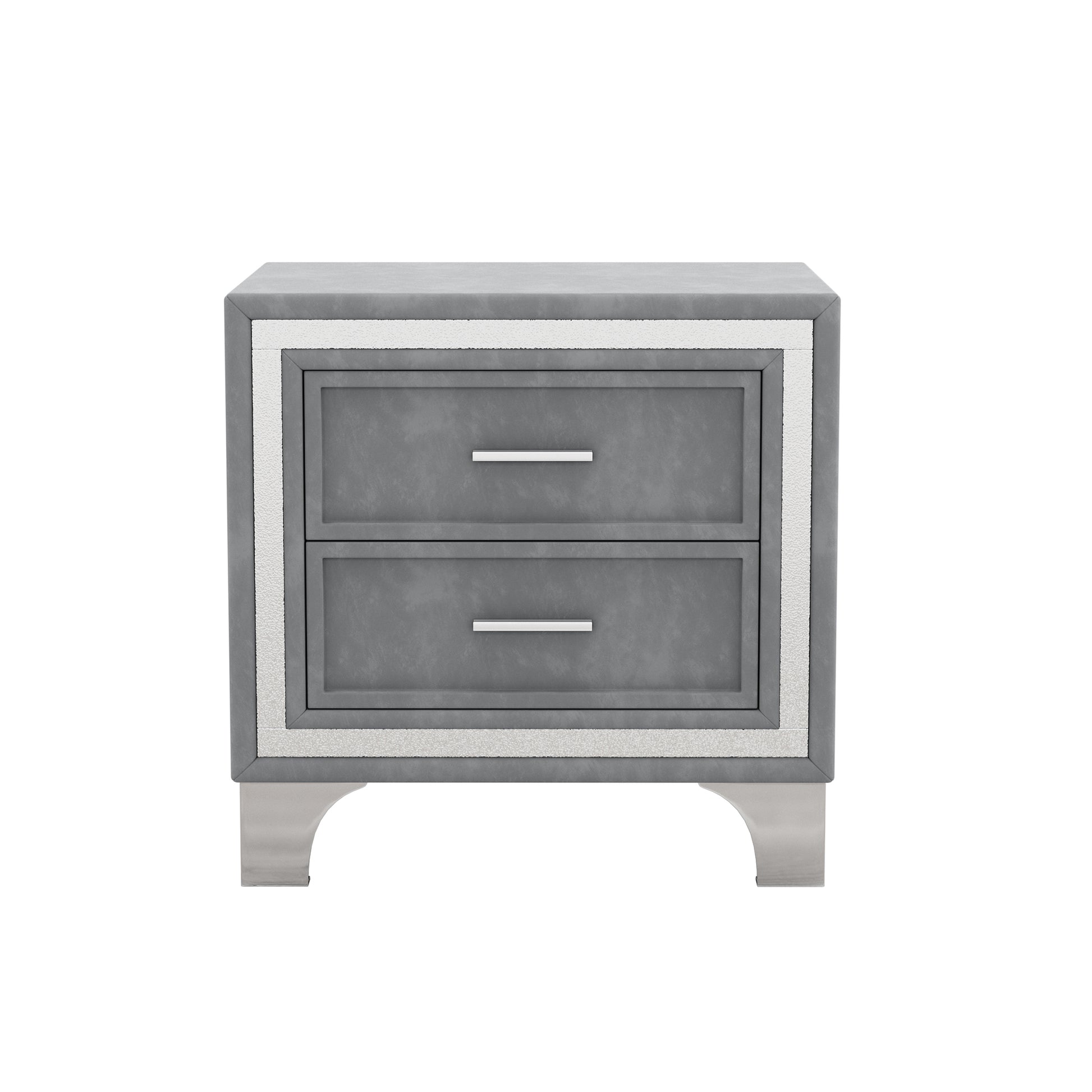 Gray upholstered nightstand with two drawers and silver hardware