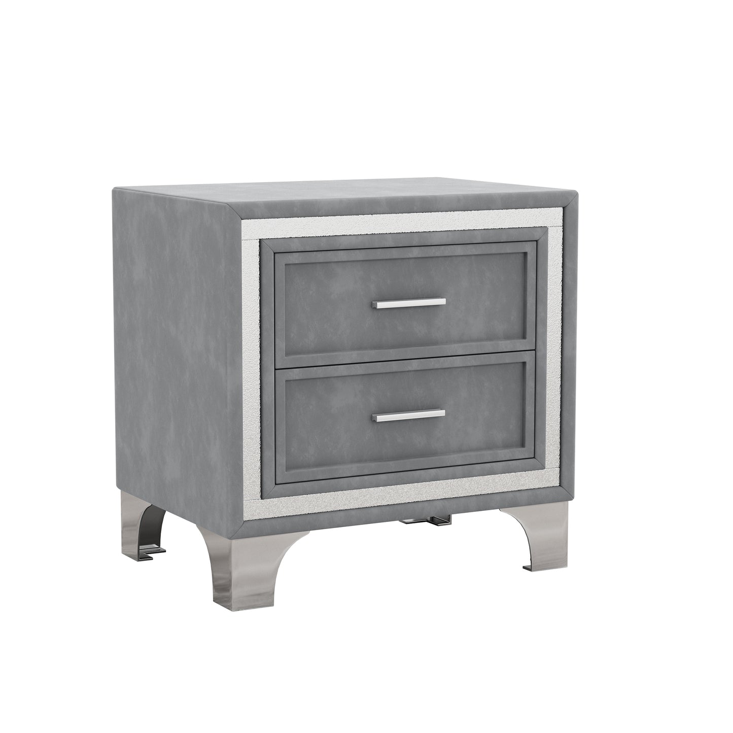 Gray upholstered nightstand with two drawers and silver hardware