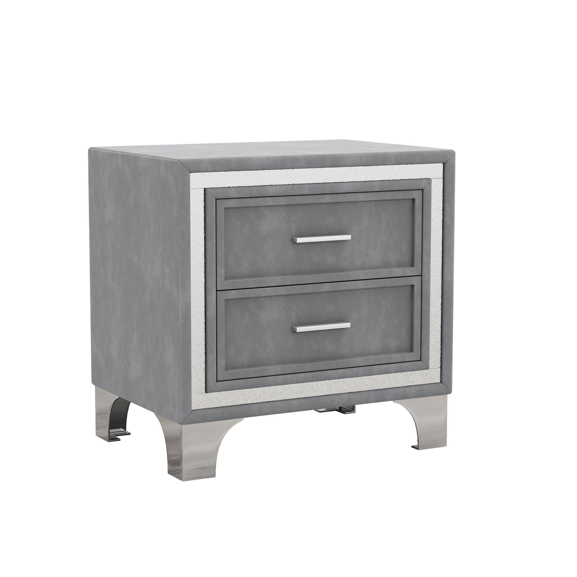 Gray upholstered nightstand with two drawers and silver hardware