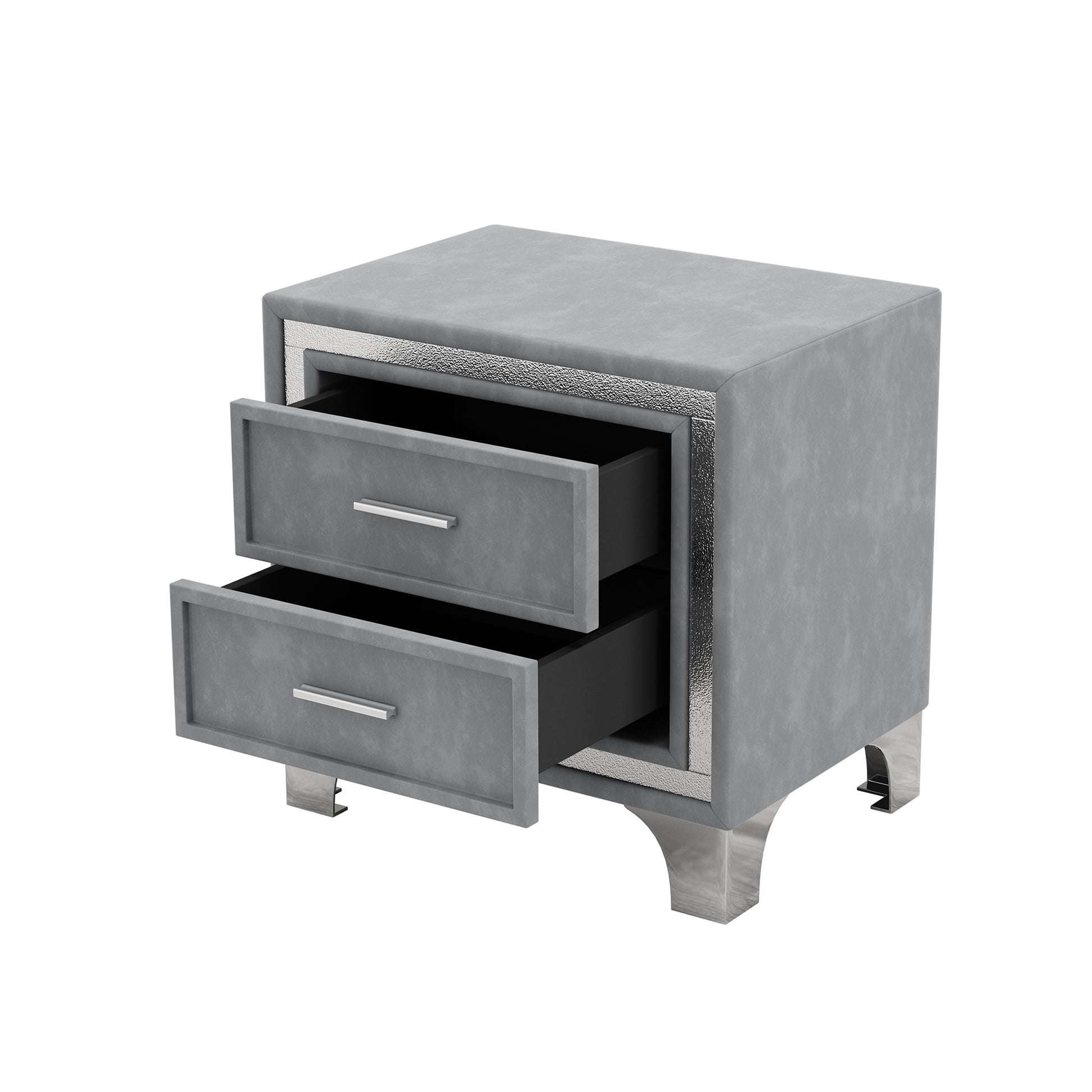 Grey velvet nightstand with two drawers and silver trim