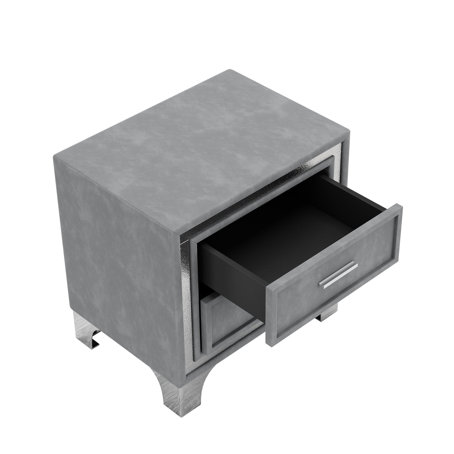 Gray concrete bedside table with one open drawer and silver accents