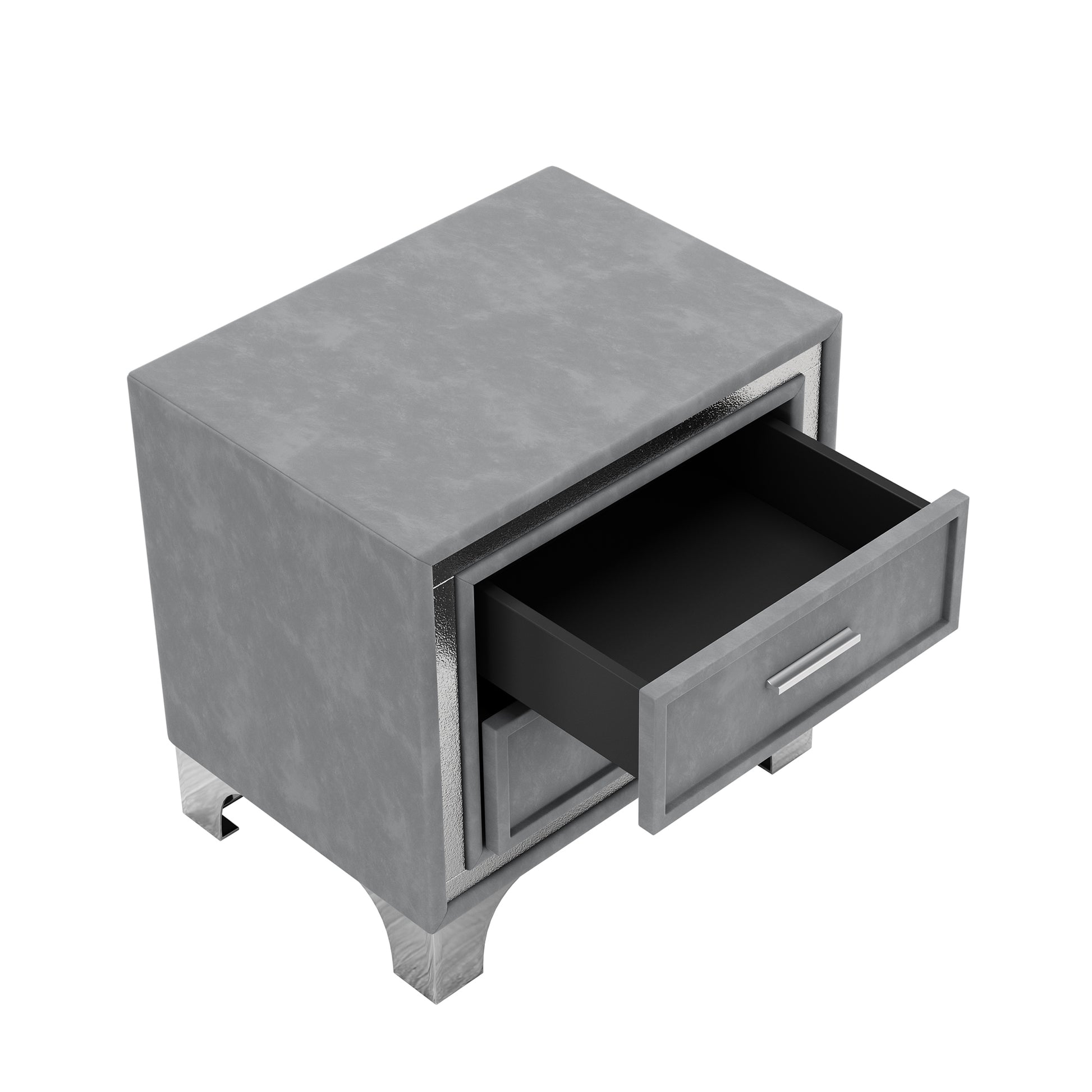 Gray concrete bedside table with one open drawer and silver accents