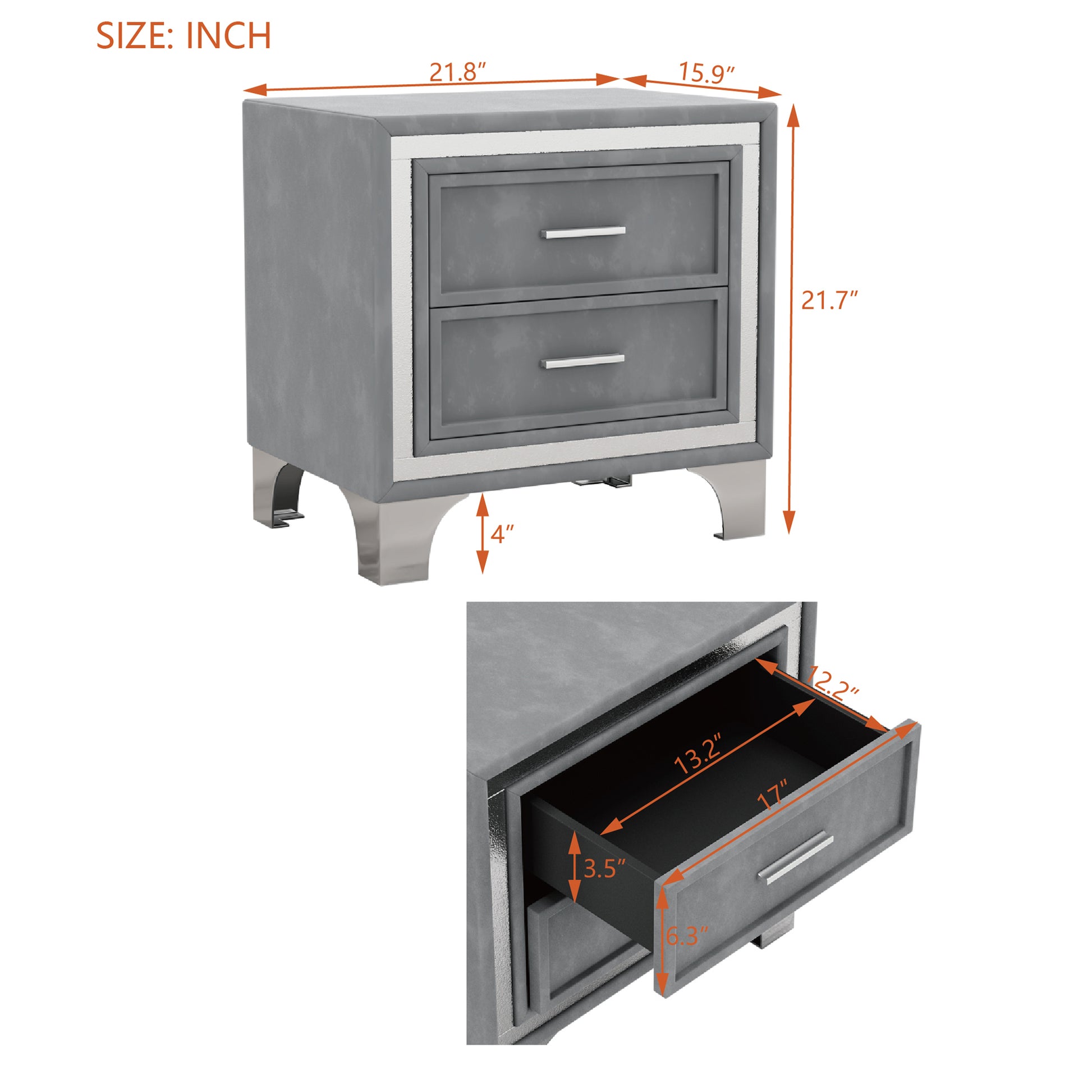 Gray velvet nightstand with two drawers and silver accents