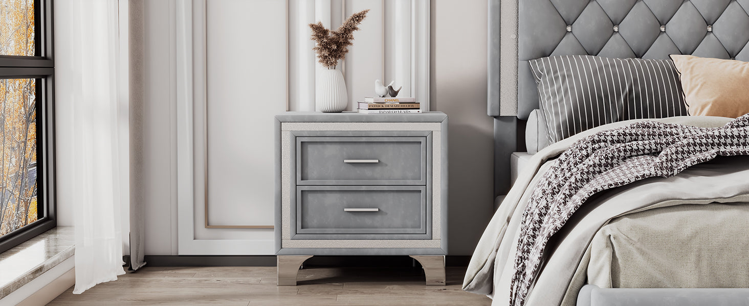 Gray twodrawer modern nightstand with silver accents and metal legs