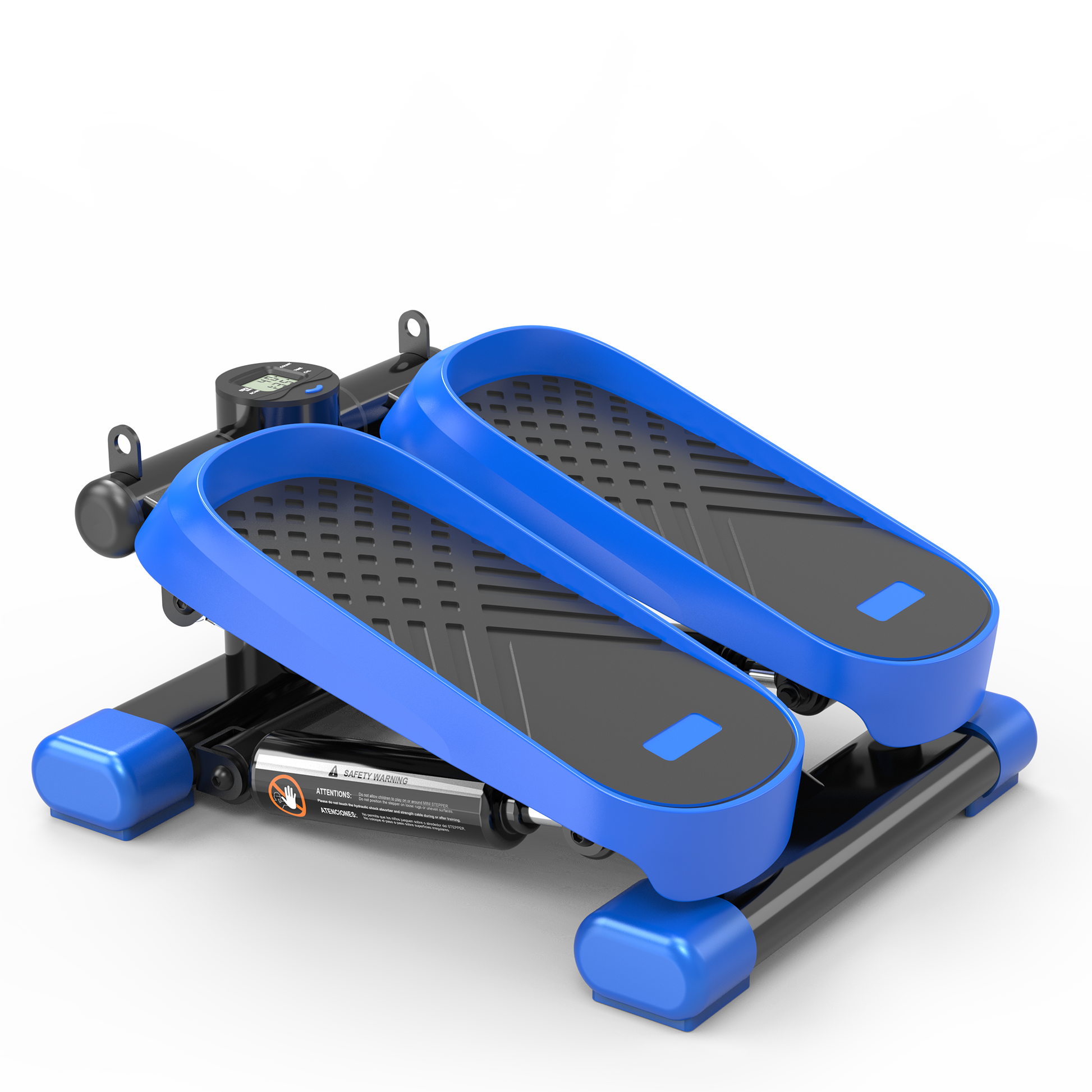 Blue mini stepper with black pedals and digital display