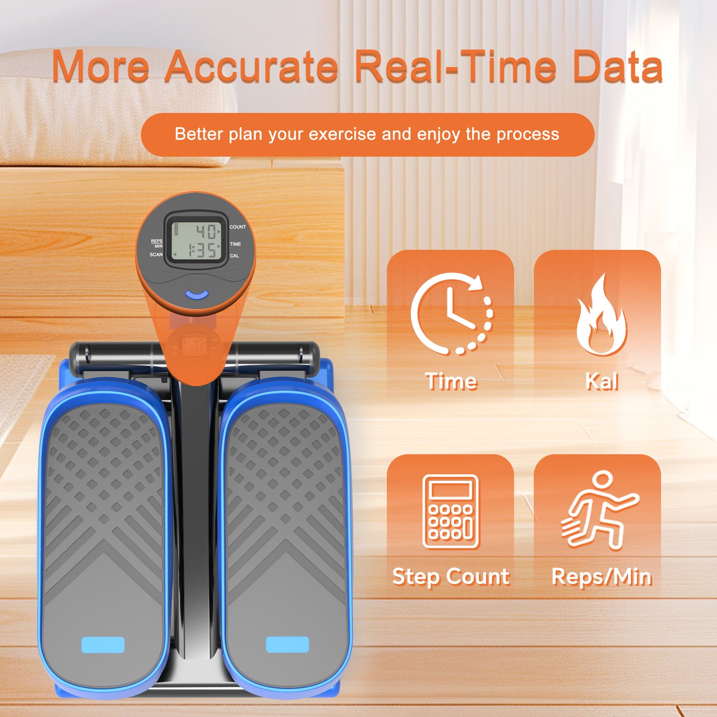 Blue and gray mini stepper with digital display showing workout stats