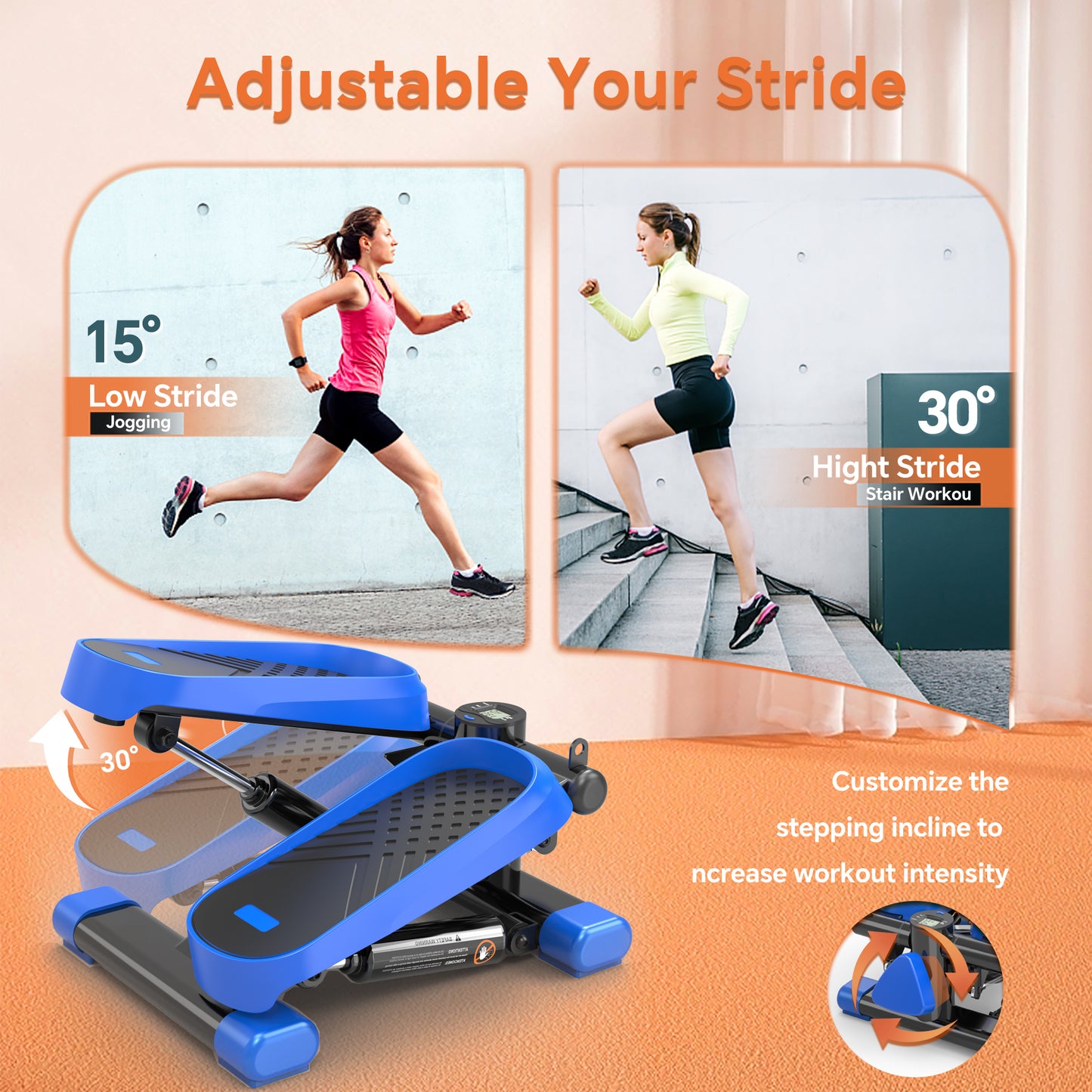 Blue compact stepper machine with adjustable resistance for home workouts