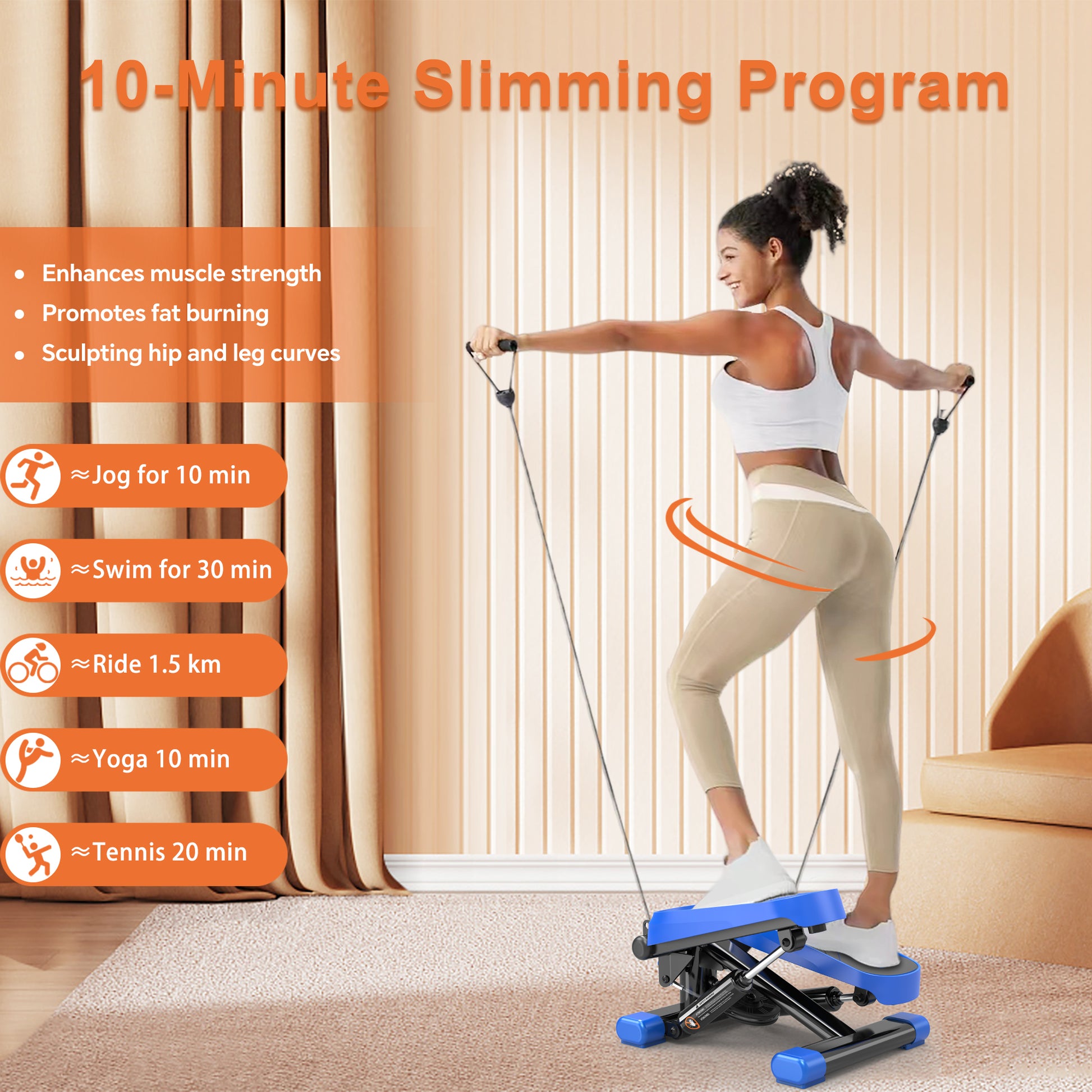 Blue mini stepper with resistance bands for athome fitness