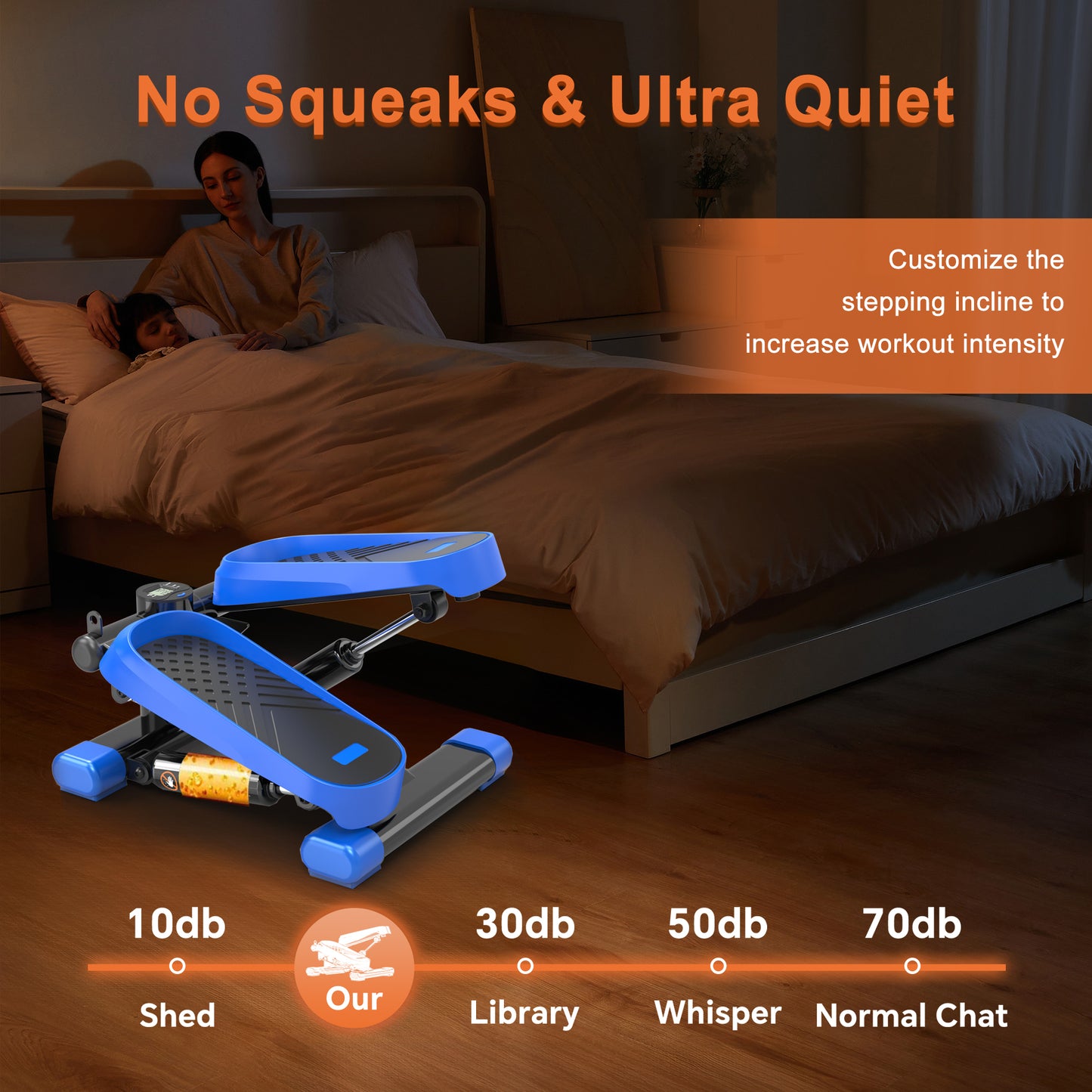 Blue and black compact stepper machine with adjustable incline
