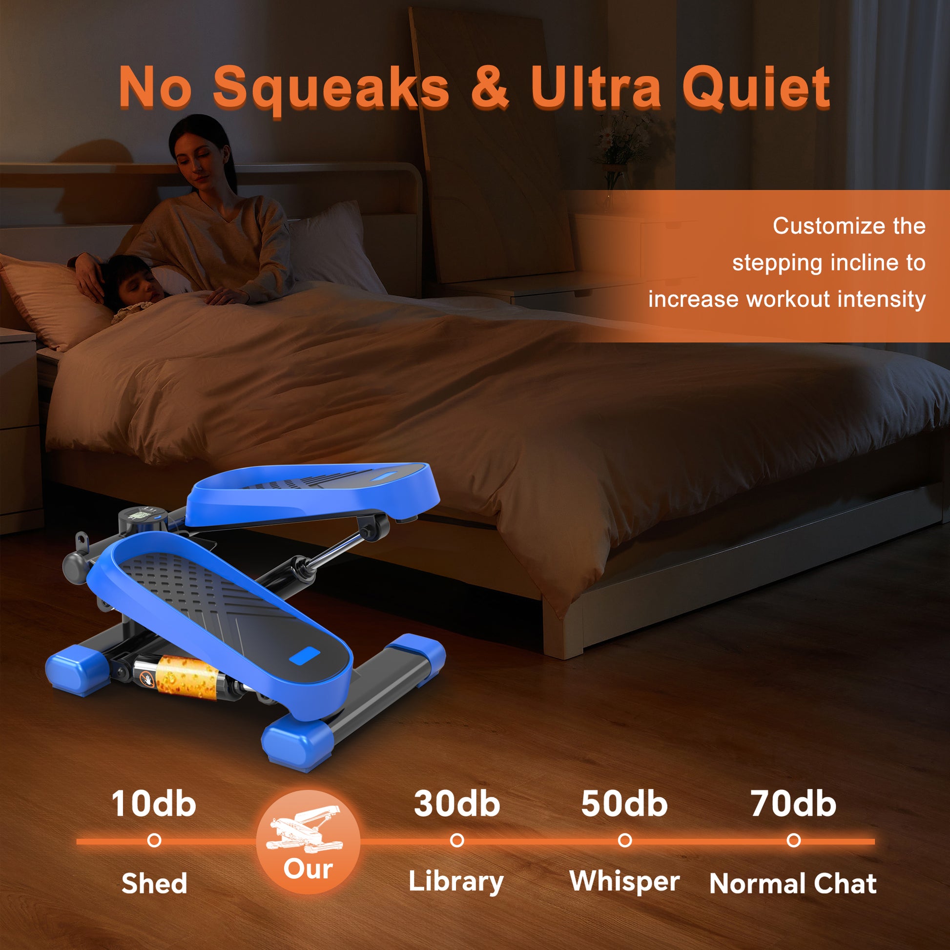 Blue and black compact stepper machine with adjustable incline