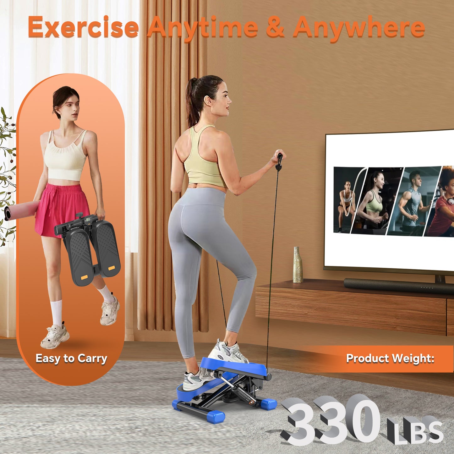 Blue and black exercise stepper with resistance bands and digital display
