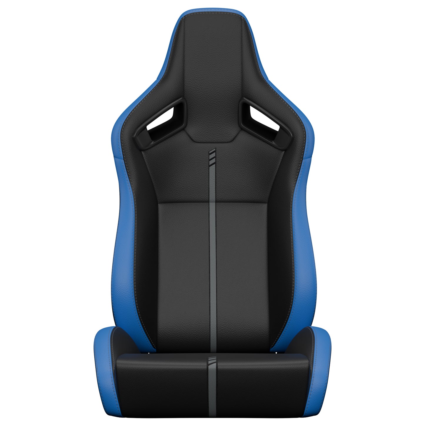Black and blue racing seat with leather upholstery and subtle grey stripe detail