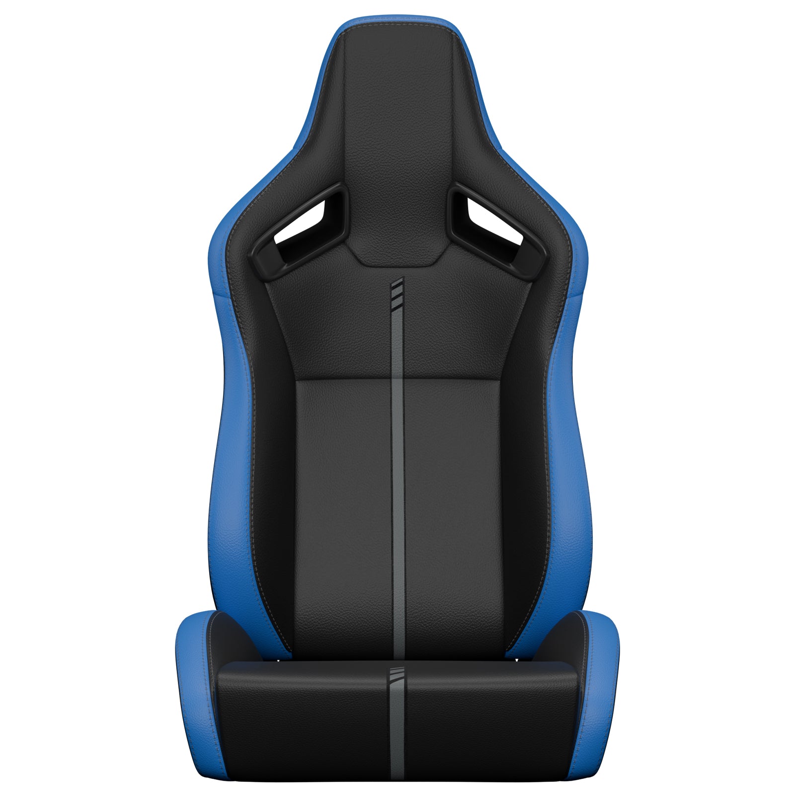 Black and blue racing seat with leather upholstery and subtle grey stripe detail