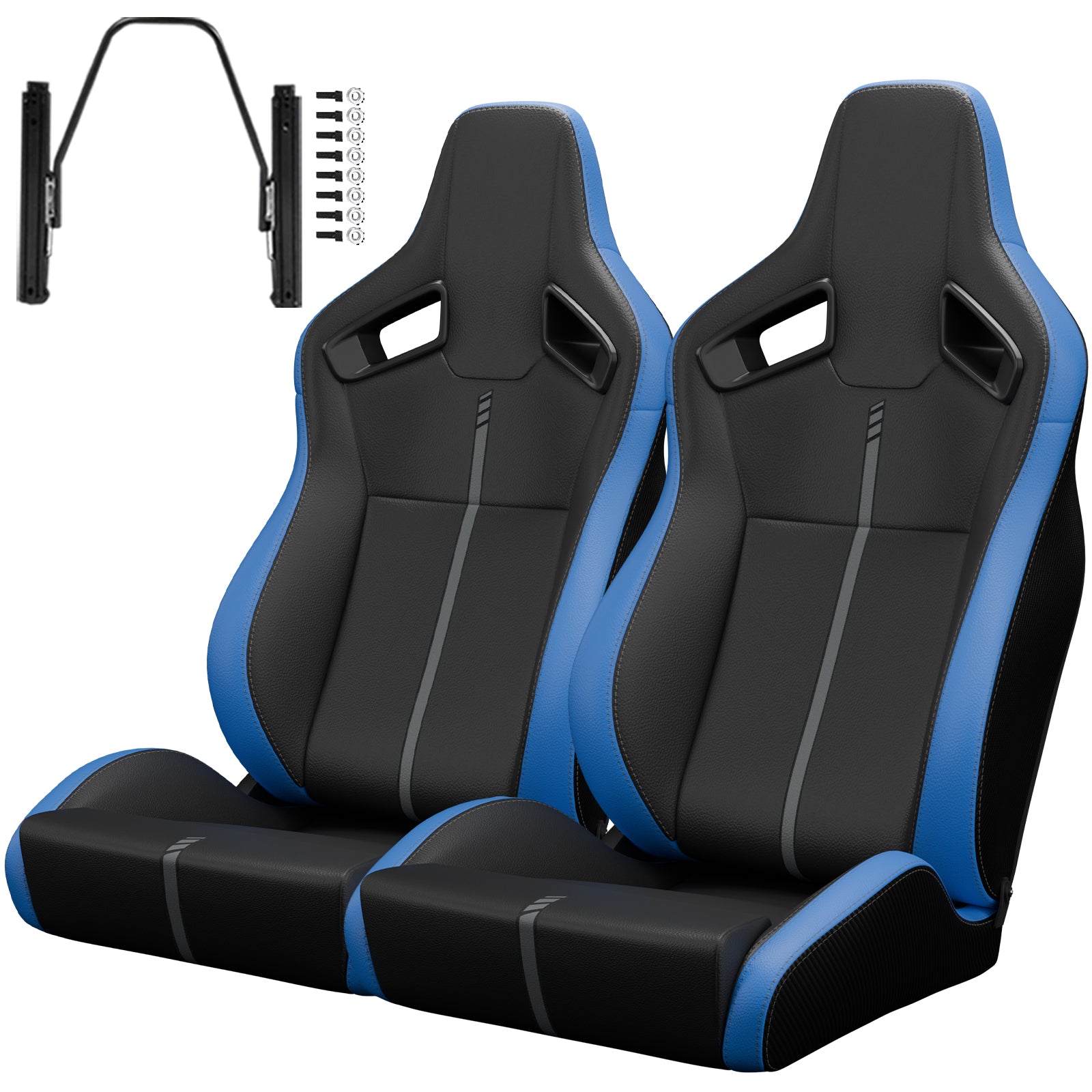 Pair of black racing seats with blue accents and included mounting hardware