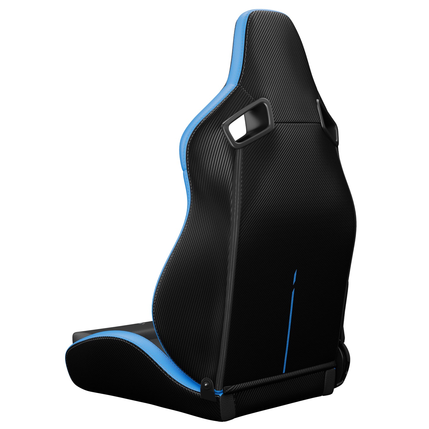 Black and blue racing gaming chair with carbon fiber texture and lumbar support