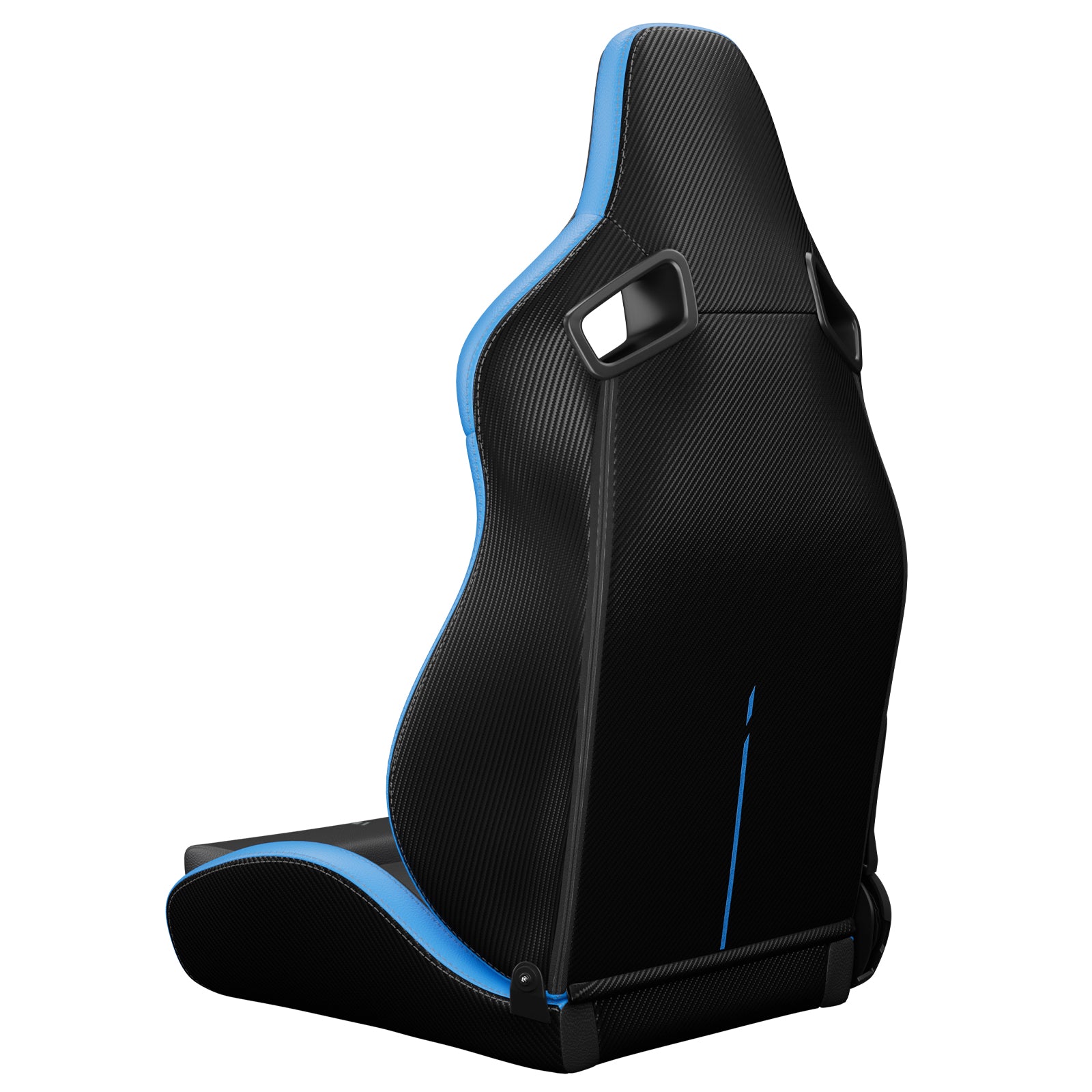 Black and blue racing gaming chair with carbon fiber texture and lumbar support