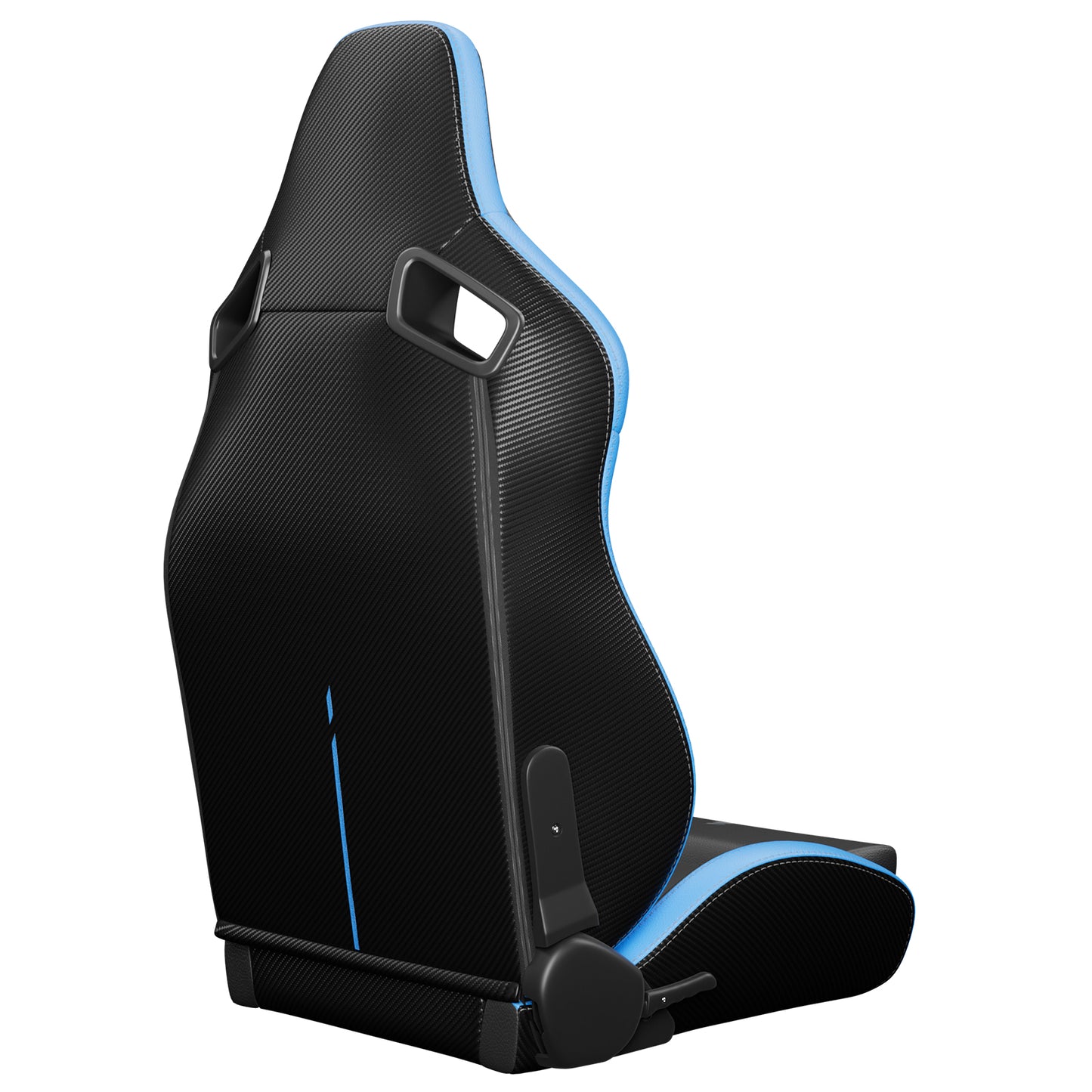 Black and blue racing gaming chair with carbon fiber texture and adjustable recline lever