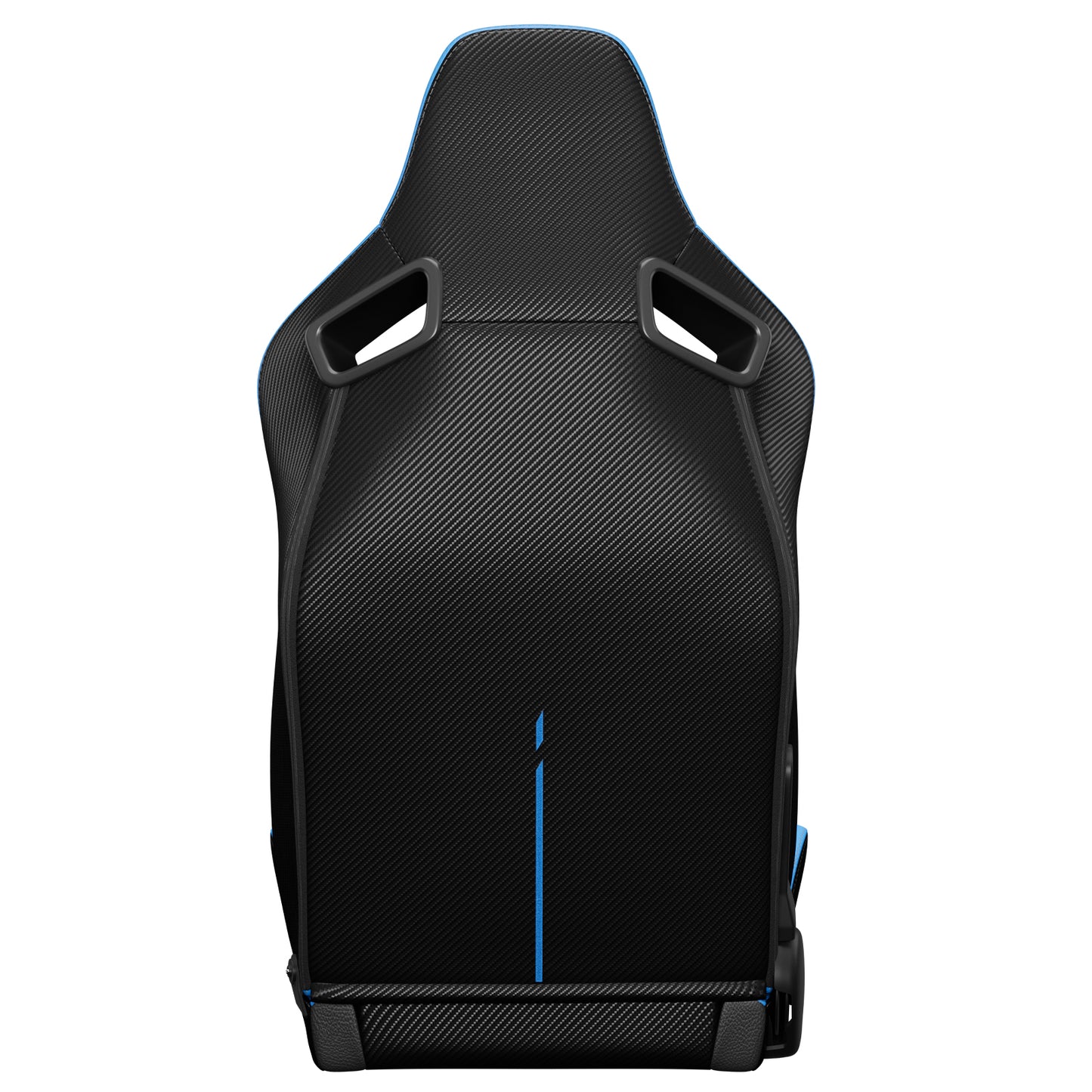 Black carbon fiber racing seat with blue trim and stitching