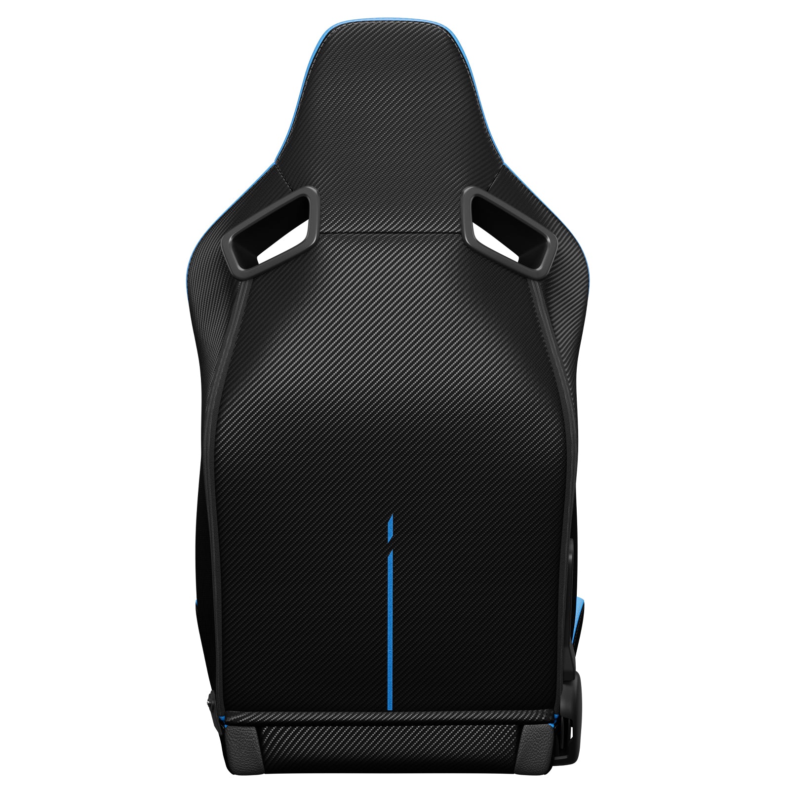 Black carbon fiber racing seat with blue trim and stitching