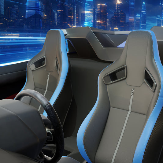 Grey and blue racing car seats