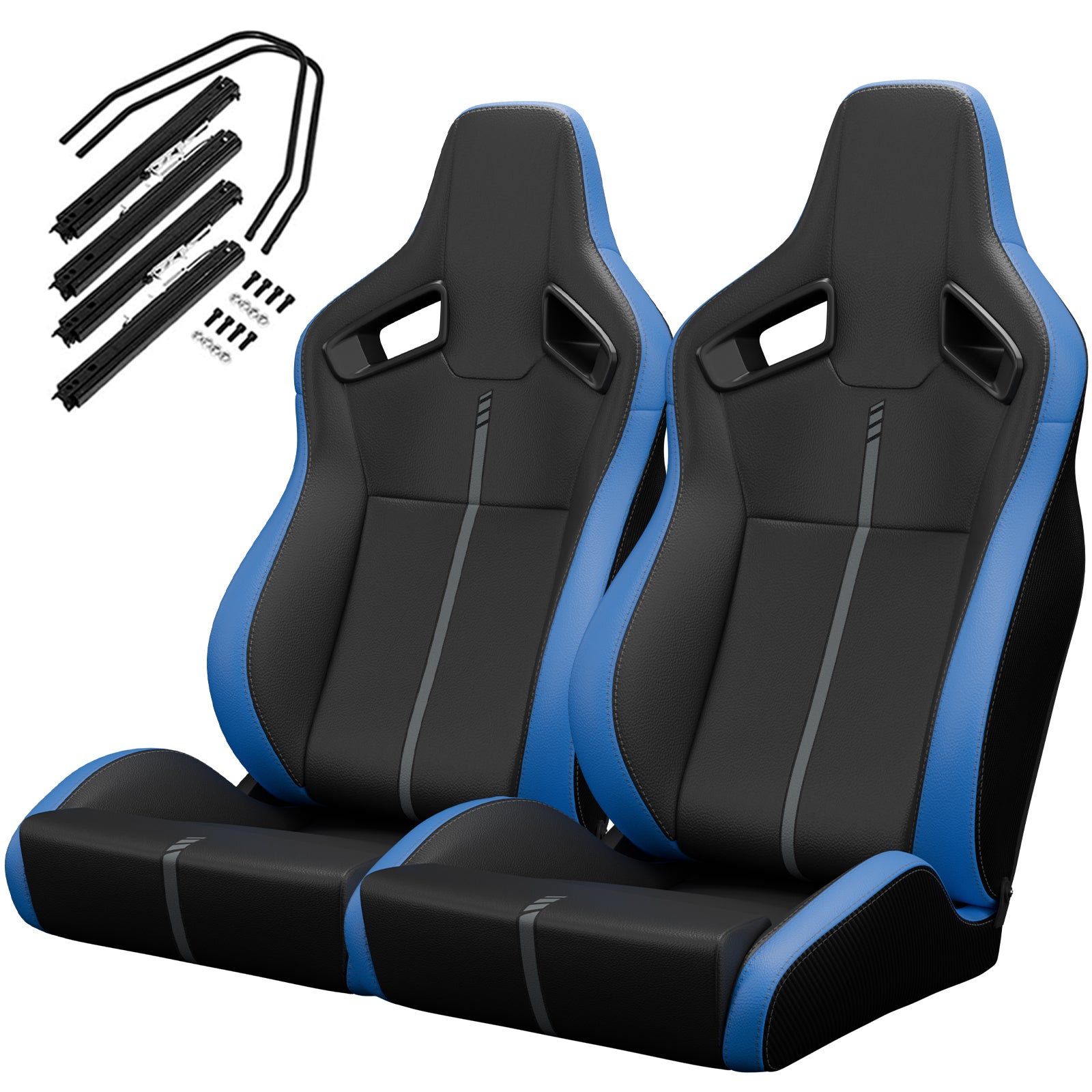 Pair of black and blue racing bucket seats with mounting hardware