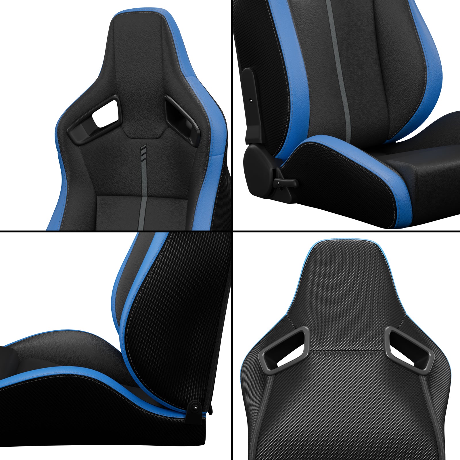Black and blue racing gaming chair with carbon fiber accents