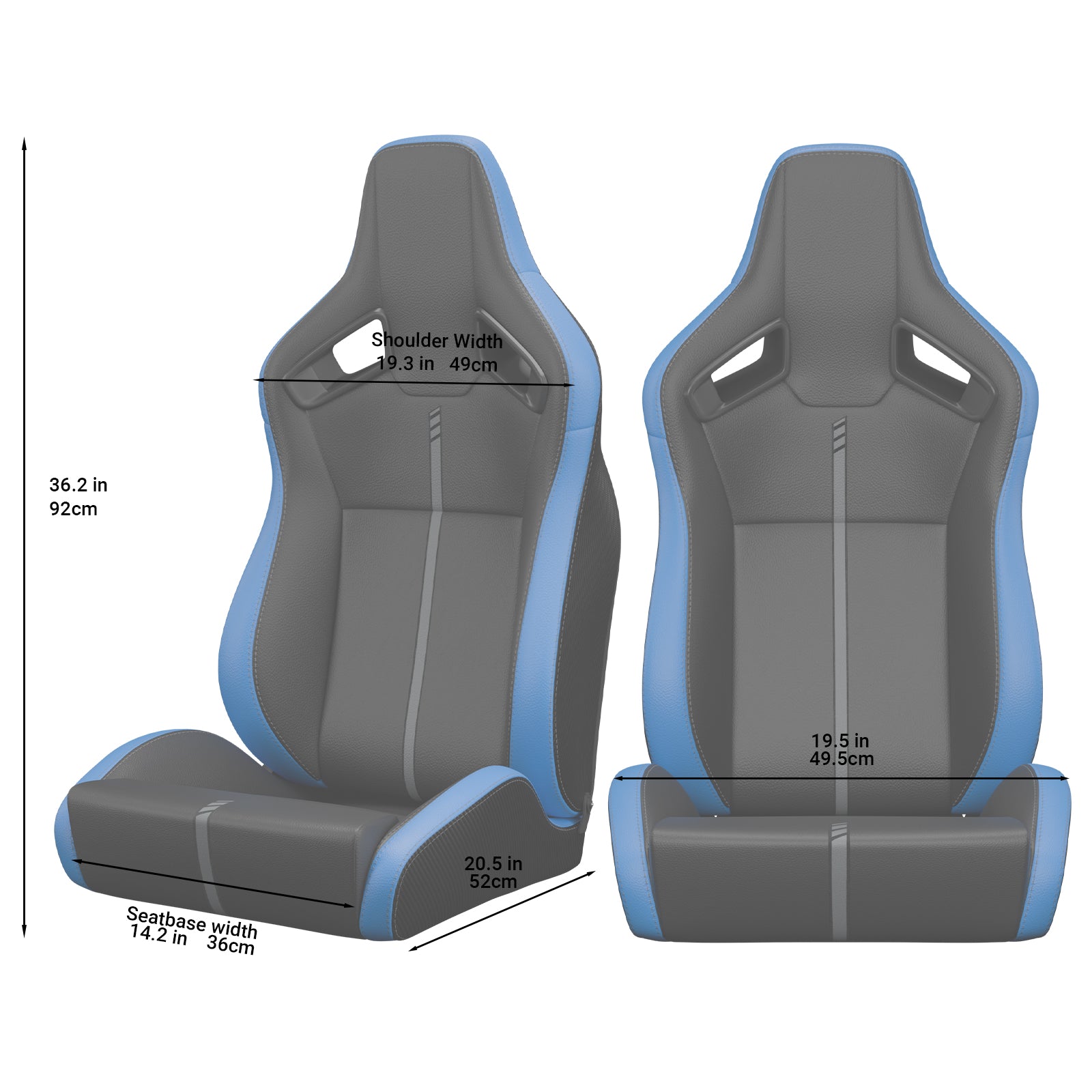 Black and blue racing seat with dimensions marked for shoulder width in
