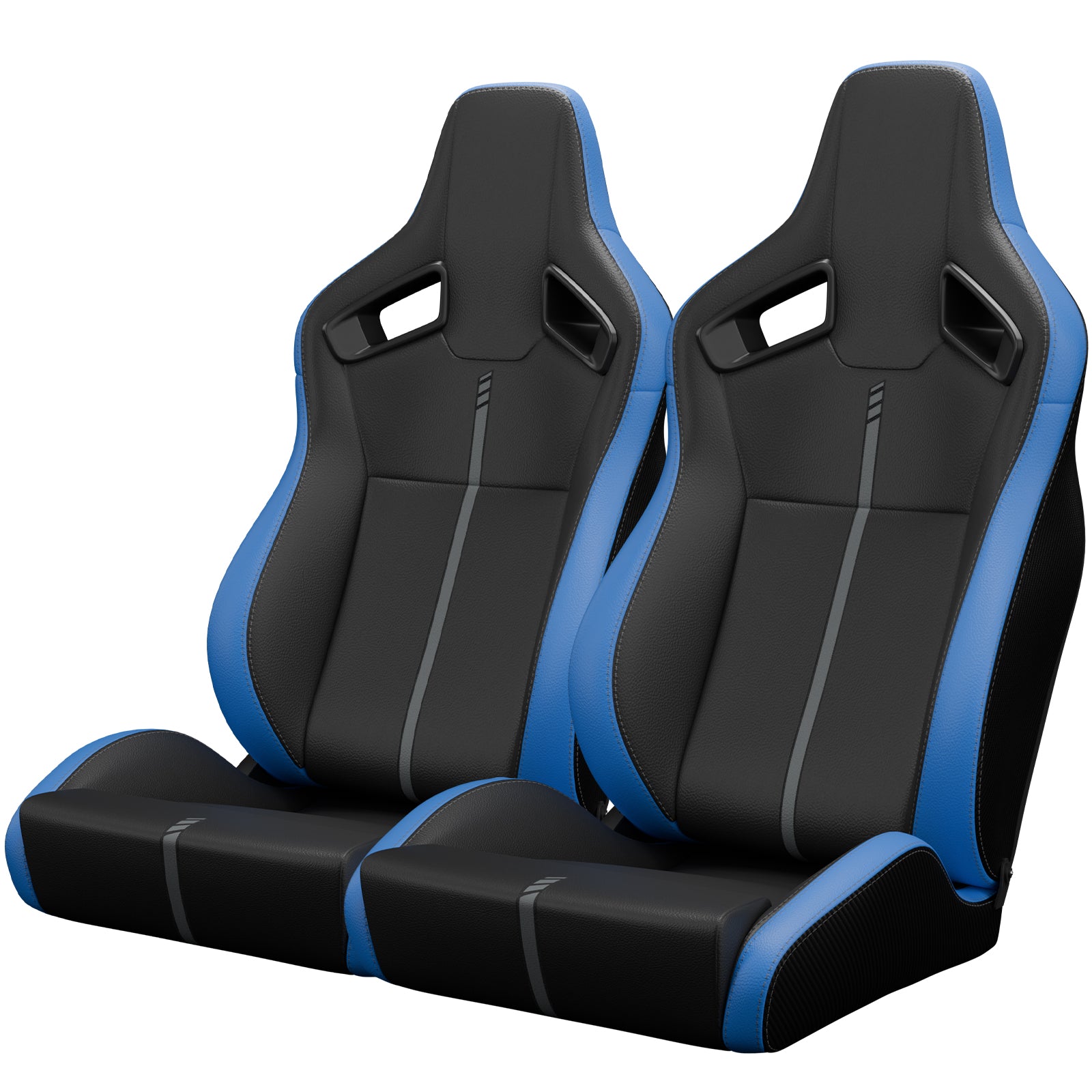 Pair of black racing bucket seats with blue accents and grey stripe detail