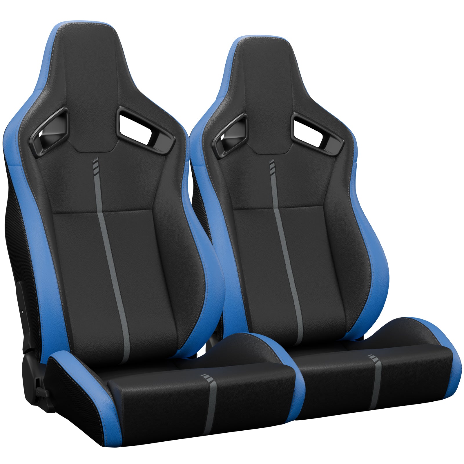 Pair of black racing seats with blue accents and gray stitching