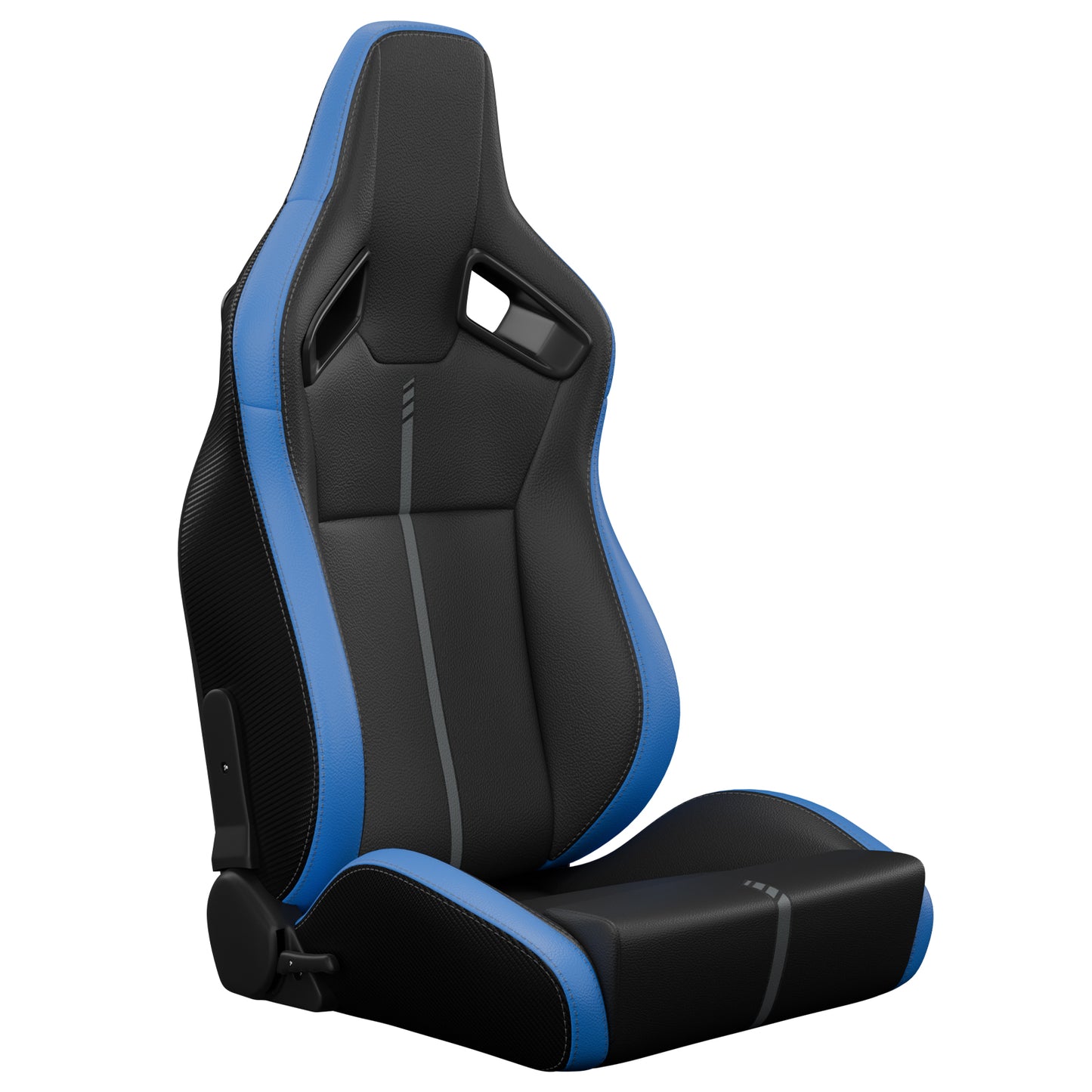 Black racing bucket seat with blue accents and grey stitching