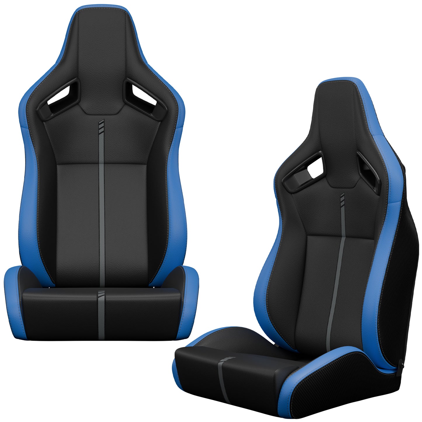 Black and blue racing seat with carbon fiber accents