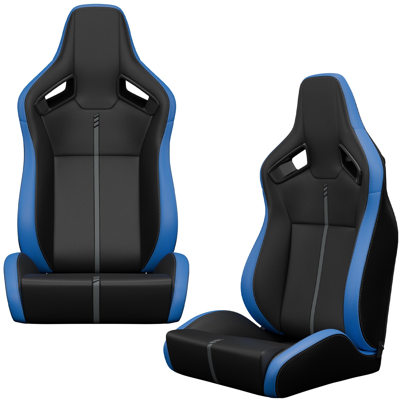 Black and blue racing seat with carbon fiber accents