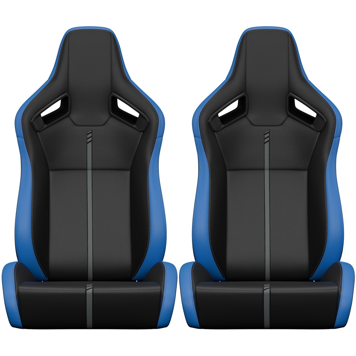Pair of black and blue racing bucket seats with stitched detailing for enhanced driving comfort