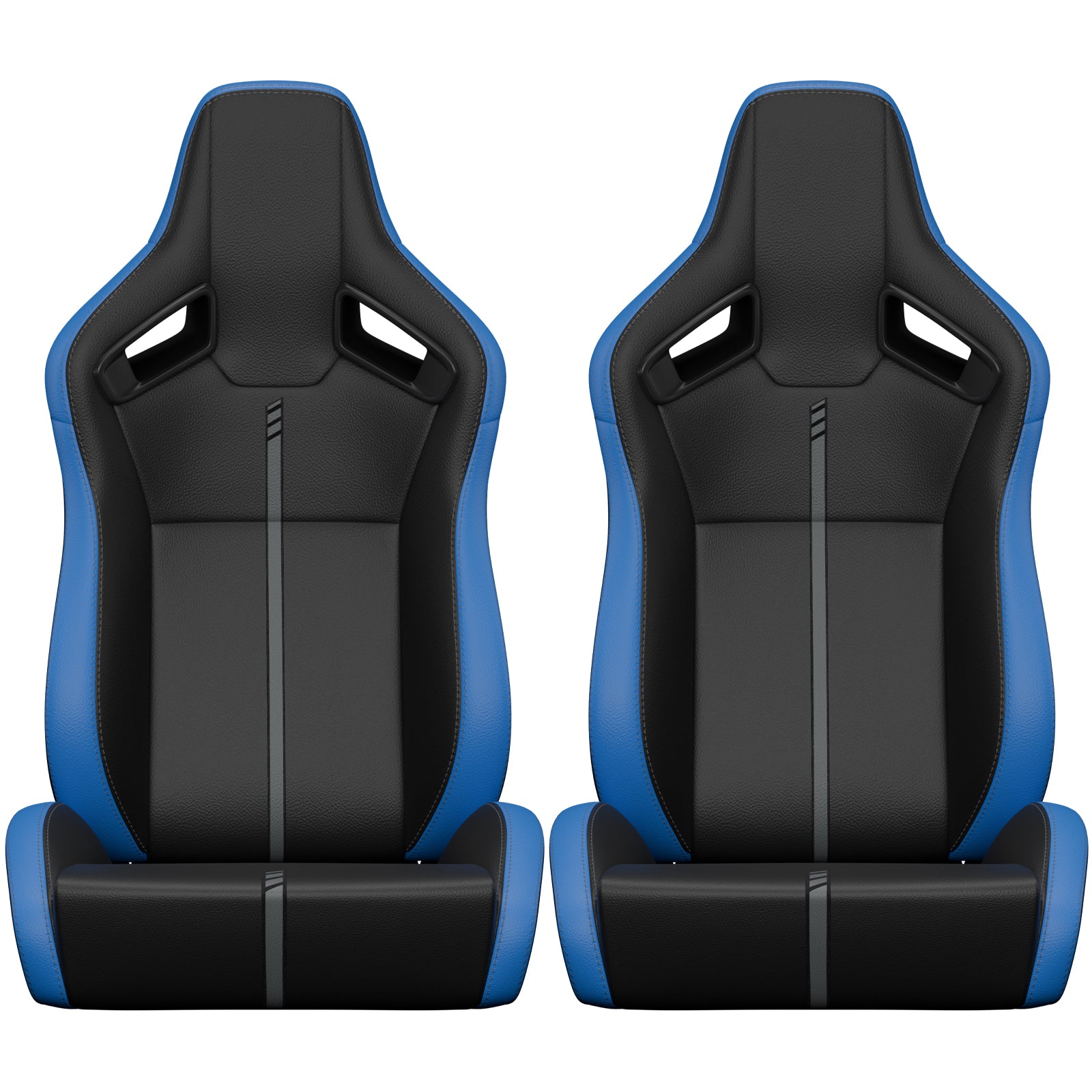 Pair of black and blue racing bucket seats with stitched detailing for enhanced driving comfort