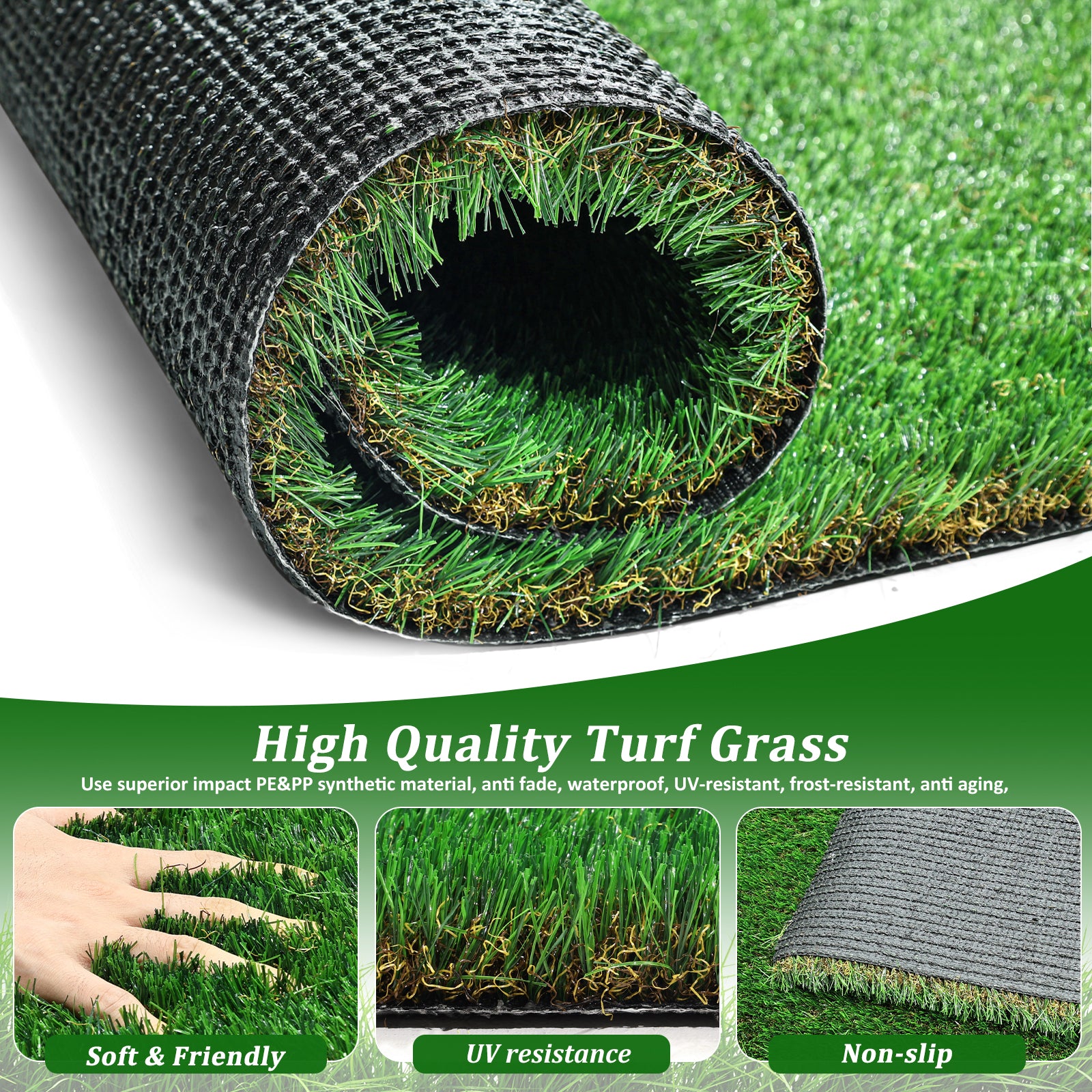 Rolled artificial turf grass showing dense green blades and brown thatch backing