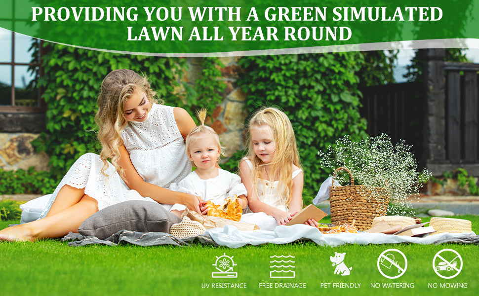 Woman and children enjoying a picnic on realistic green artificial turf