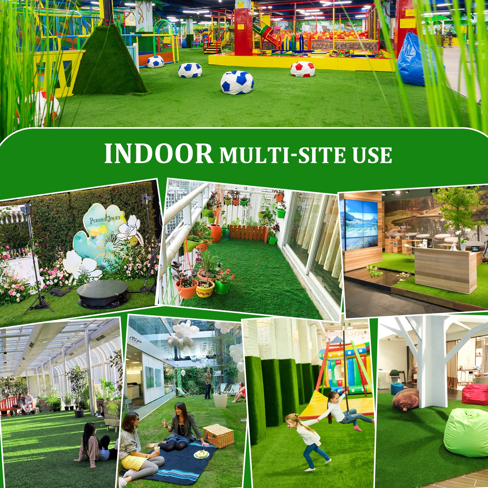 Indoor playground with artificial grass ball pit and foam balls