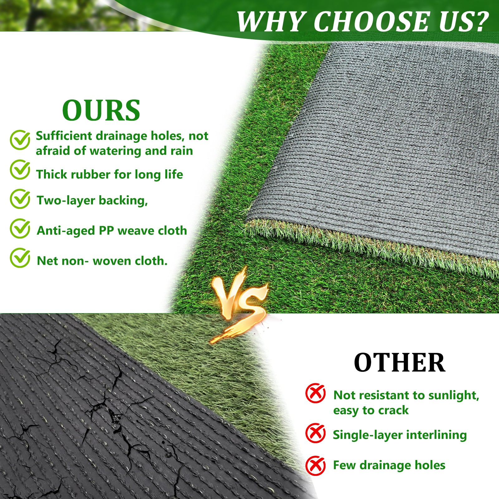 Premium artificial turf with thick rubber backing for durability and drainage holes