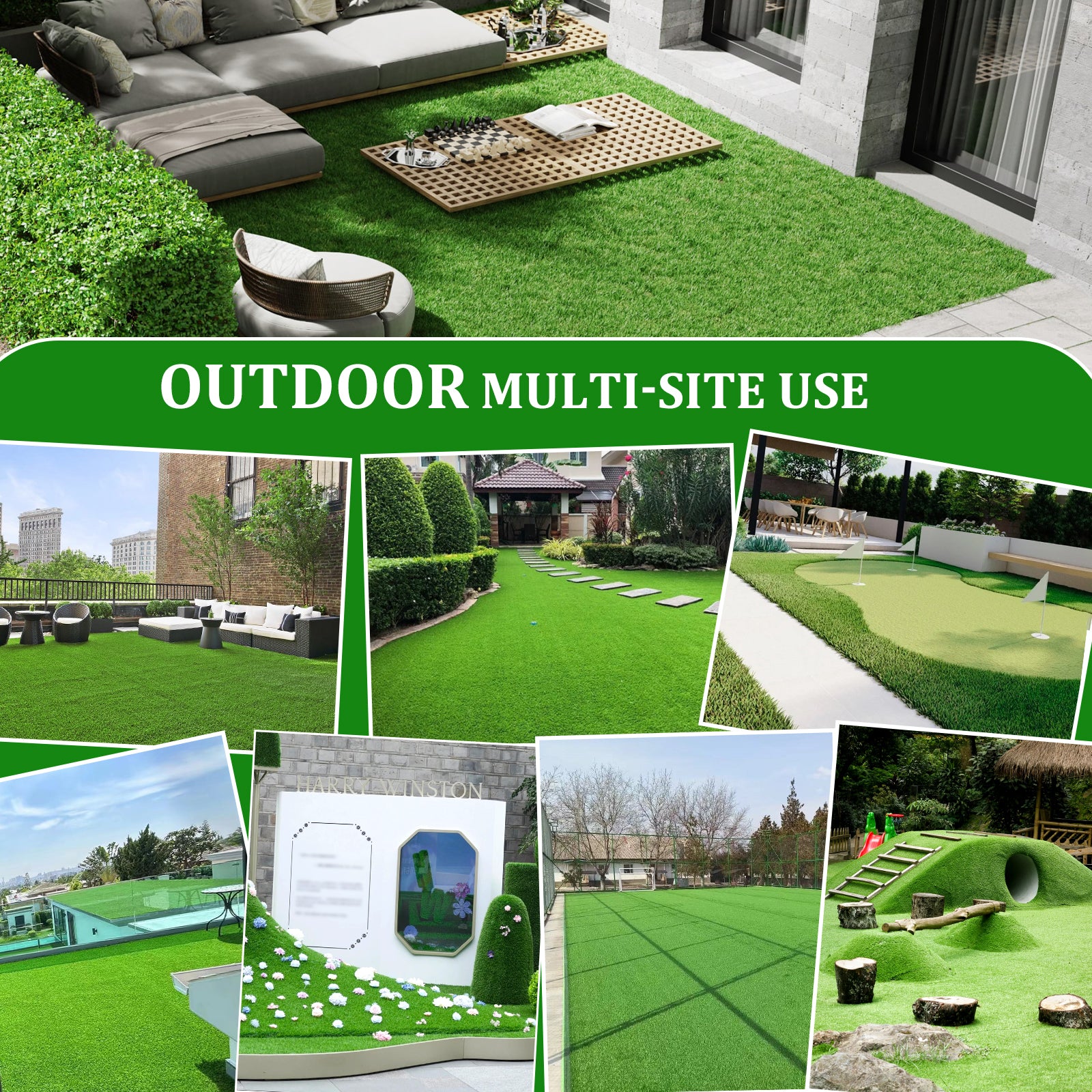 Modern patio with grey sectional sofa and chess board on lush green artificial turf