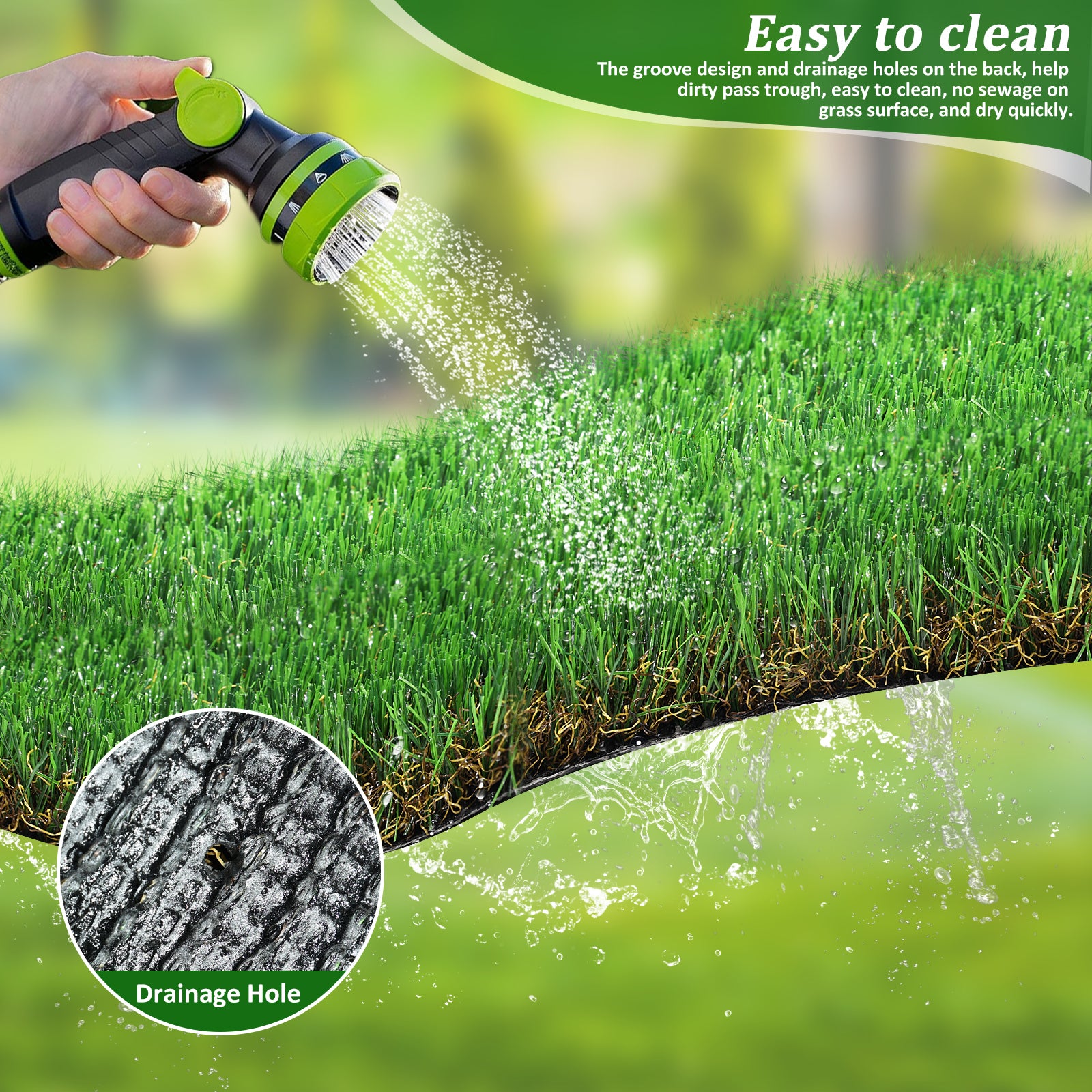 Green and black adjustable spray nozzle watering artificial grass