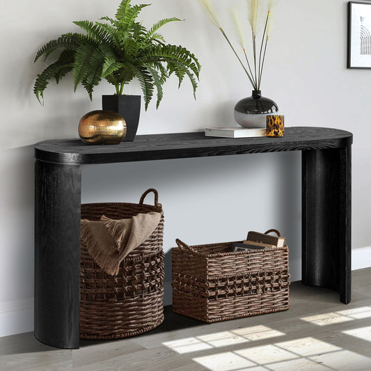 Black wood entryway console table with curved sides