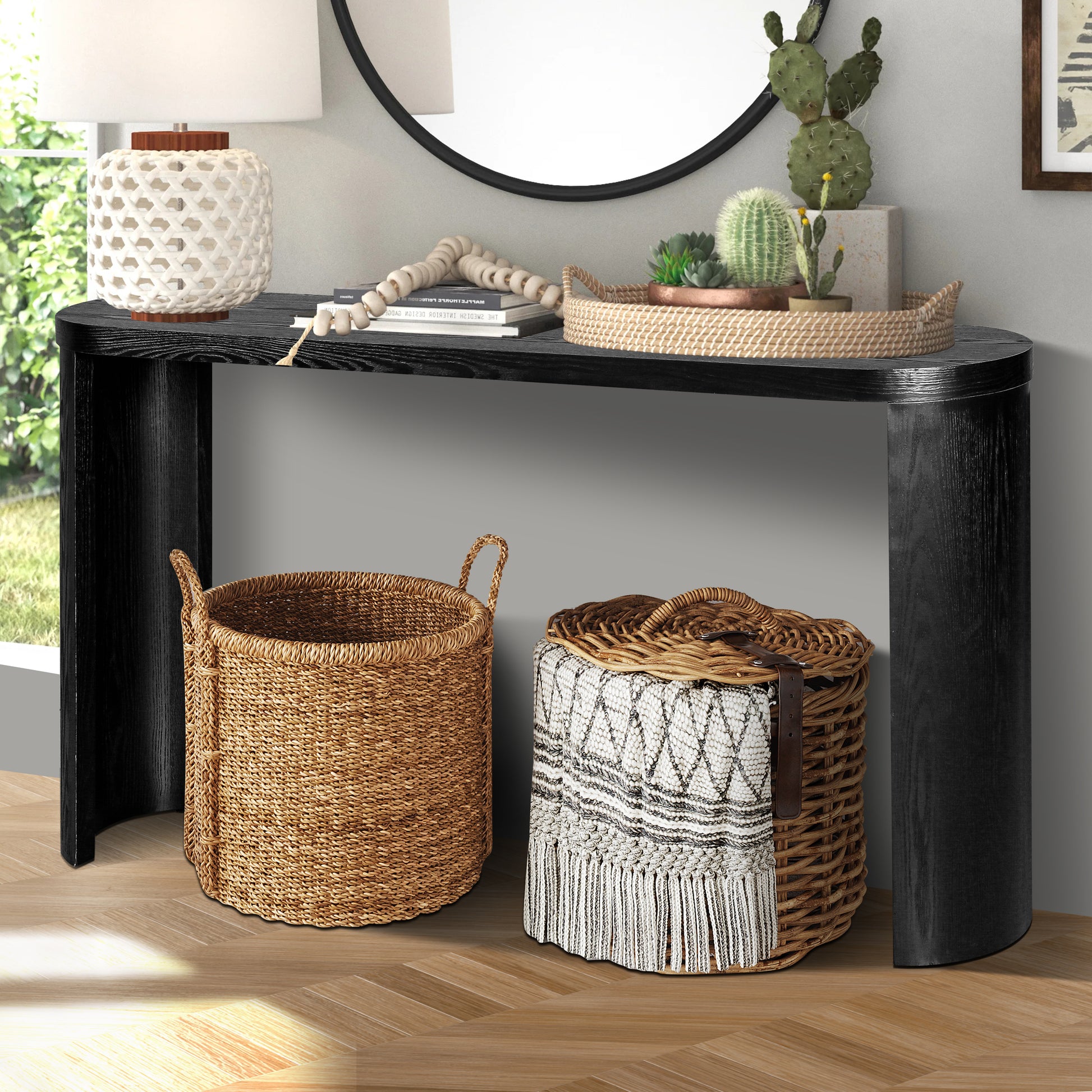 Black wood console table with rounded edges